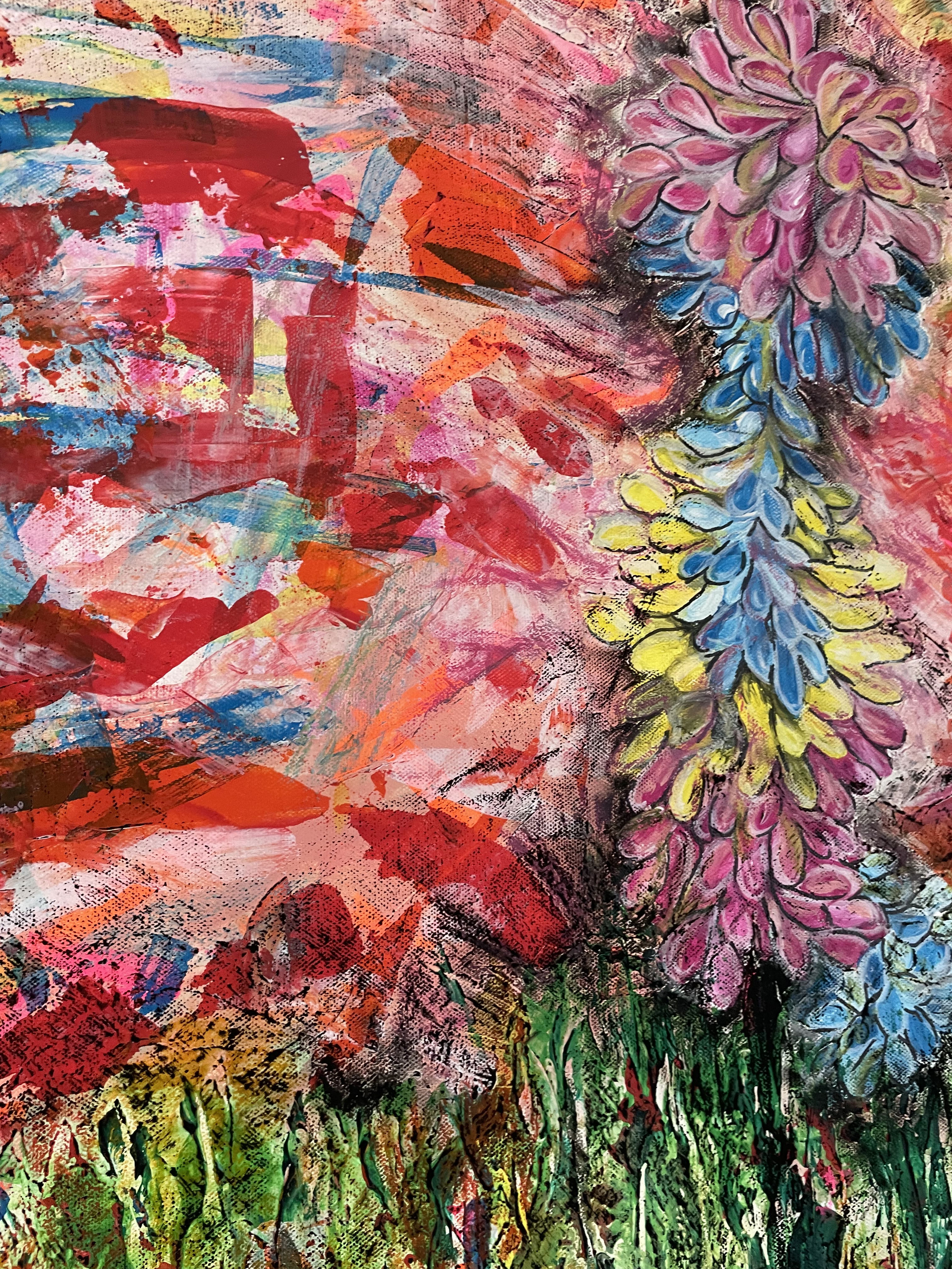 A vibrant, abstract acrylic and oil pastel painting bursts with fiery reds and lush greenery, merging chaotic textures and ethereal floral motifs in surreal harmony. Artwork style is Abstrakt and technique Acryl Ölkreide.