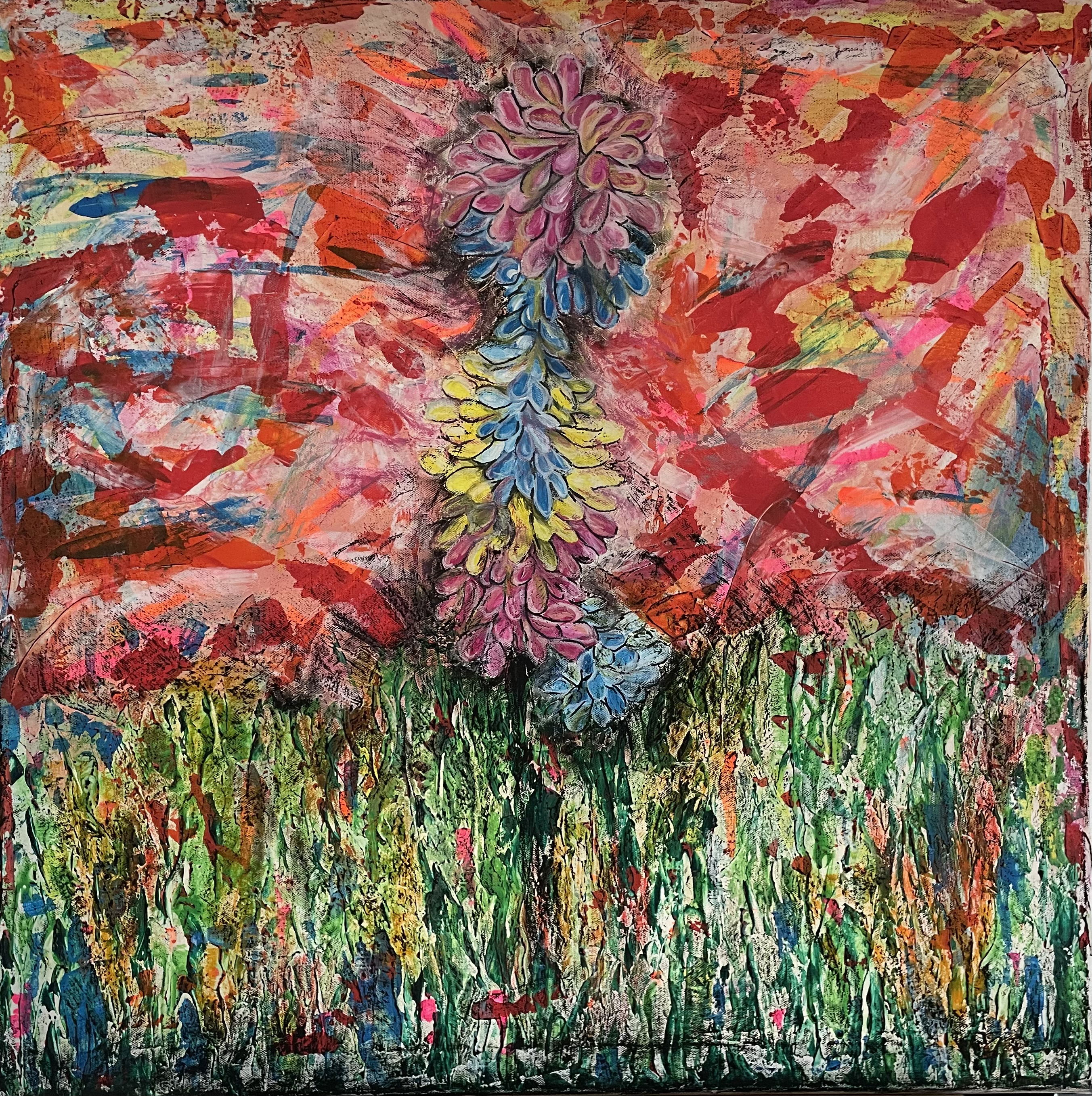 A vibrant abstract painting in acrylic and oil pastels, showcasing fiery, chaotic blooms emerging from lush, verdant foliage beneath a surreal, textured sky. Artwork style is Abstrakt and technique Acryl Ölkreide.