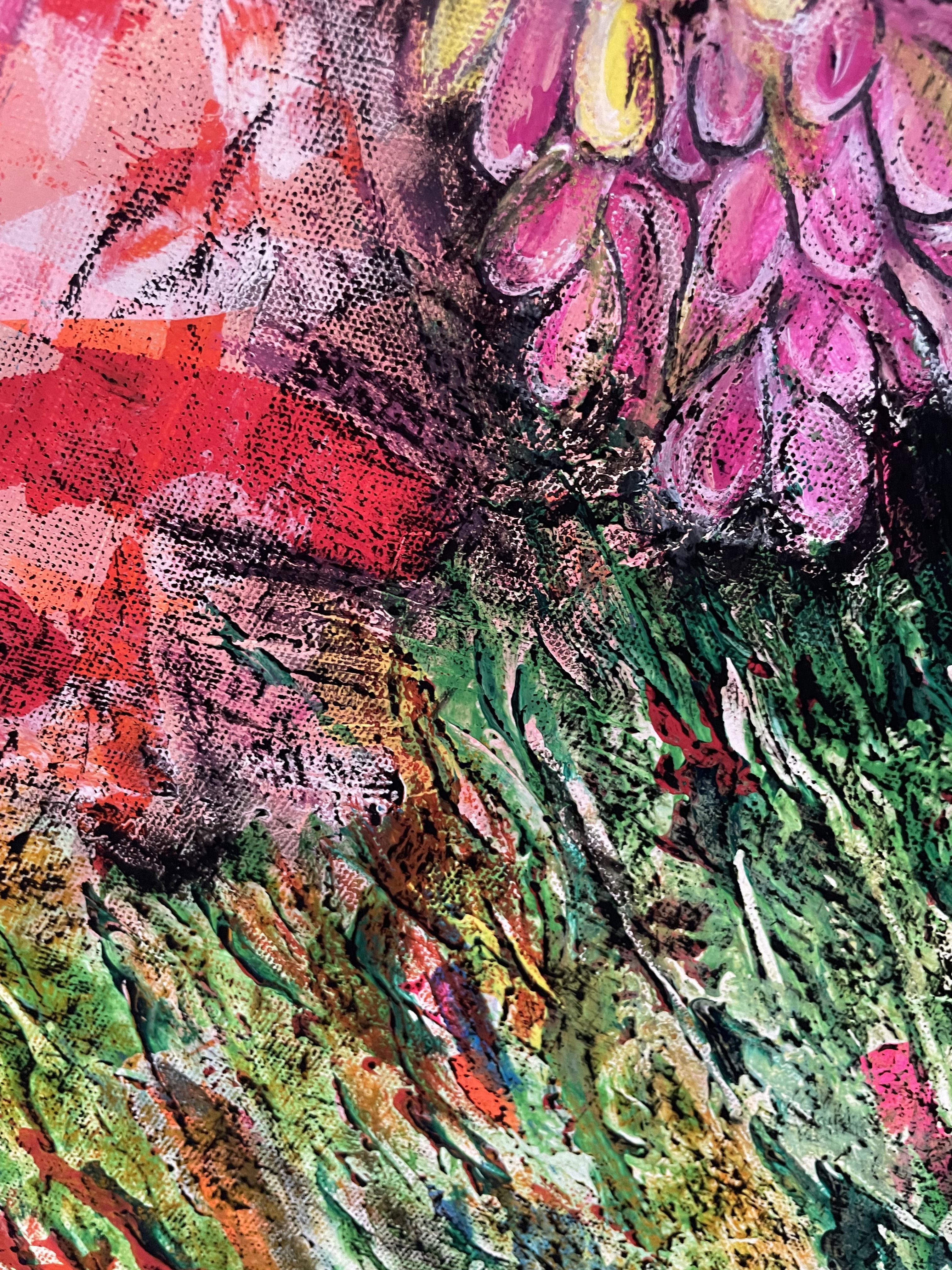 Vibrant abstract artwork in acrylic and oil pastel, juxtaposing fiery blooms with verdant foliage, creating a surreal dance of chaos and tranquility. Artwork style is Abstrakt and technique Acryl Ölkreide.