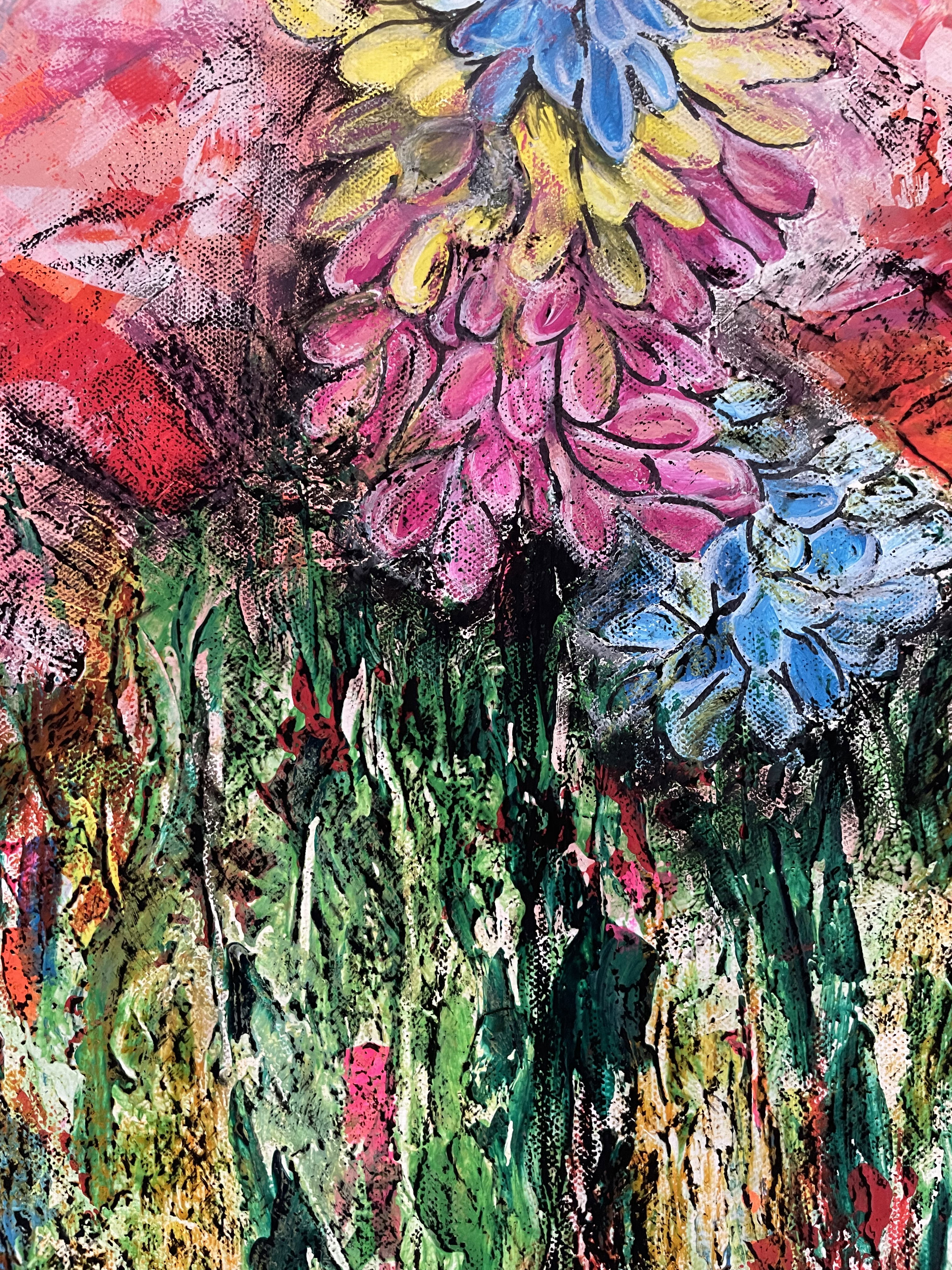 An abstract acrylic and oil pastel artwork, radiating vibrant chaos with fiery blooms and lush foliage, weaving tranquility and passion through surreal textures. Artwork style is Abstrakt and technique Acryl Ölkreide.