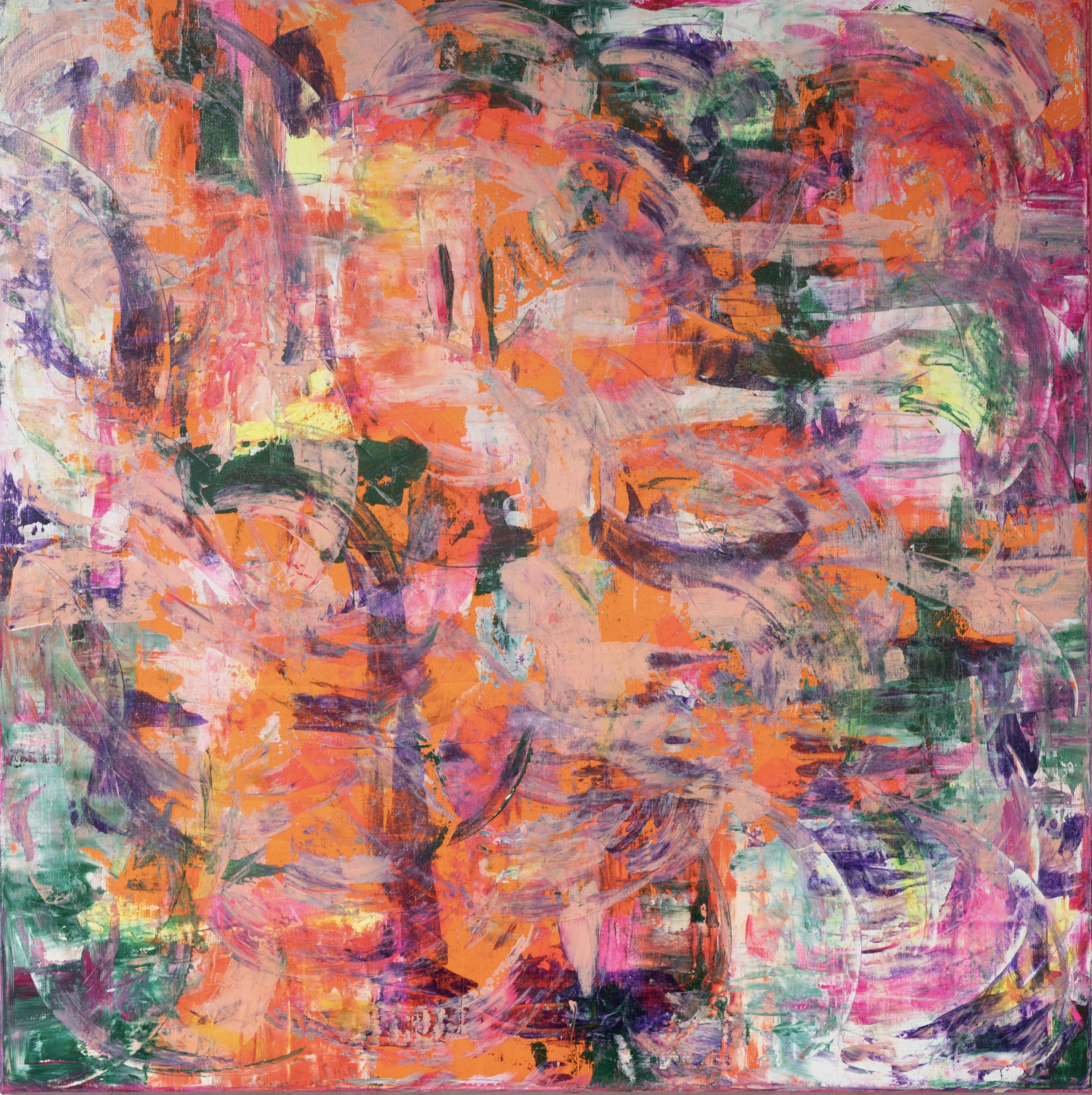 A vibrant abstract acrylic on canvas, it intertwines orange, purple, and green brushstrokes, evoking emotions of chaos, movement, and passionate spontaneity. Artwork style is Abstrakt and technique Acryl auf Leinwand.