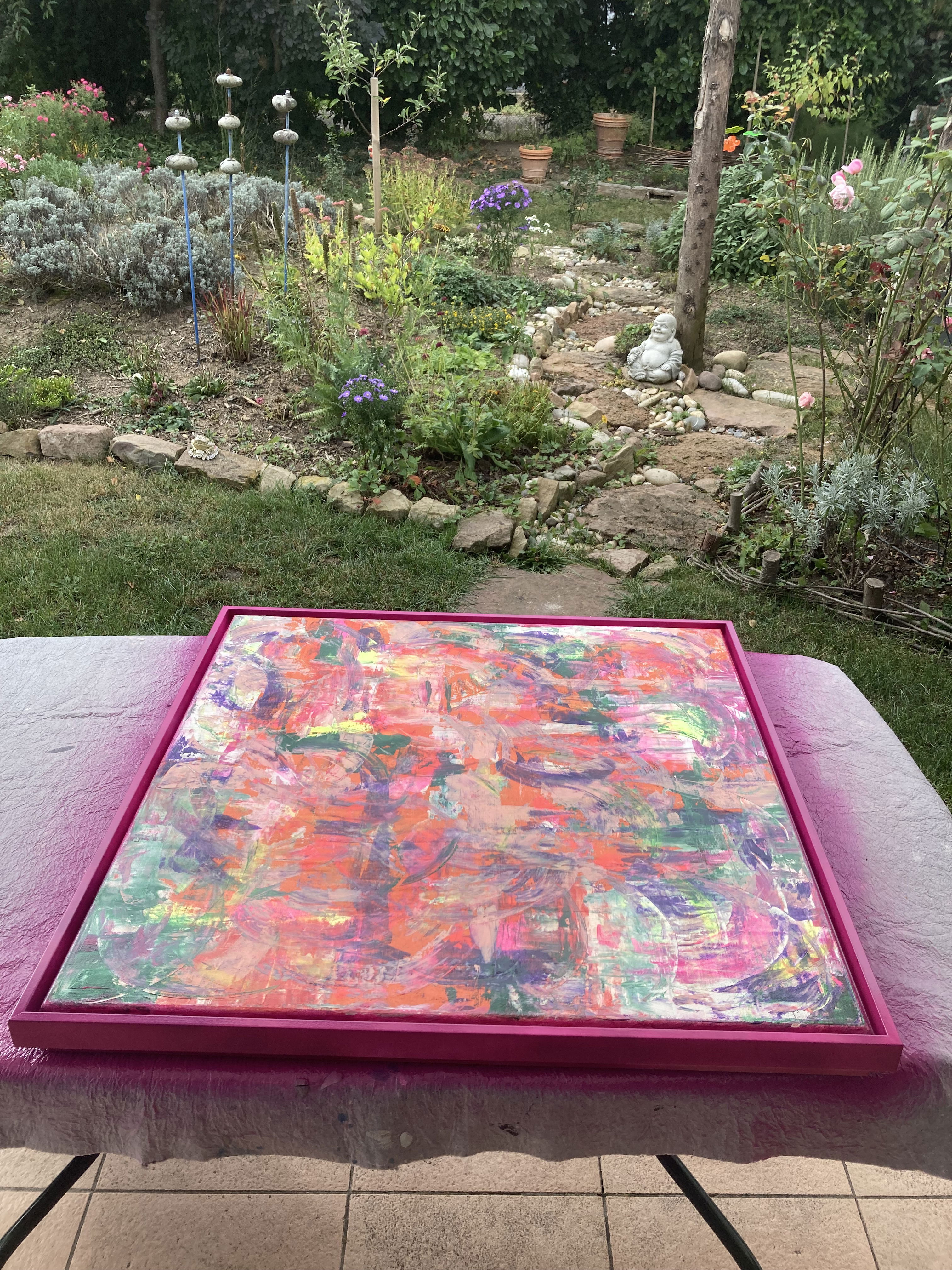 Abstract acrylic painting on canvas radiates vivid turmoil through layered brushstrokes of orange, purple, and green, evoking emotion, energy, and fragmentation. Artwork style is Abstrakt and technique Acryl auf Leinwand.