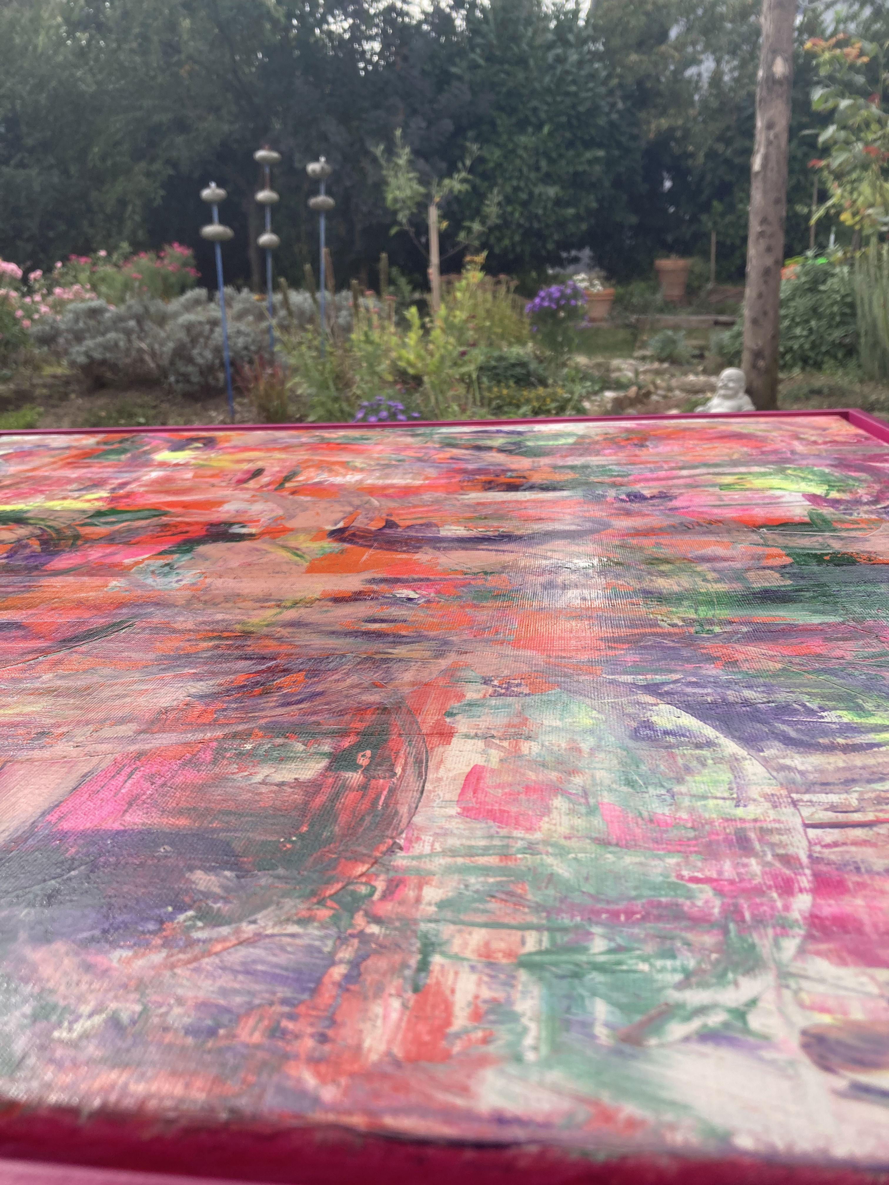 A vivid abstract acrylic painting on canvas, showcasing energetic brushstrokes in orange, purple, and green, evoking depth, chaos, and fluid emotion. Artwork style is Abstrakt and technique Acryl auf Leinwand.