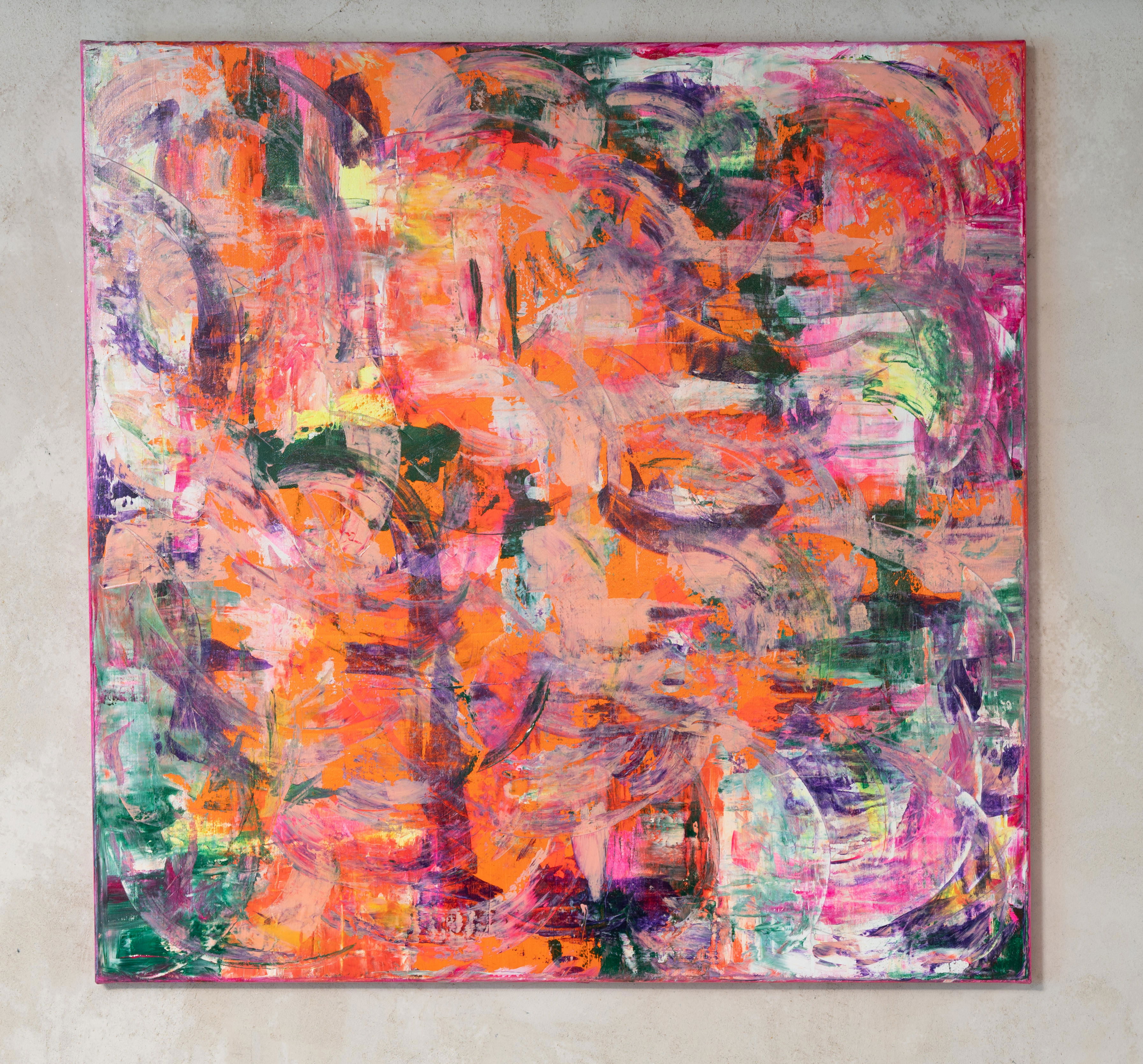 Vivid acrylic abstract painting on canvas with dynamic brushstrokes and layers of orange, purple, and green, exuding energy, turmoil, and emotional depth. Artwork style is Abstrakt and technique Acryl auf Leinwand.