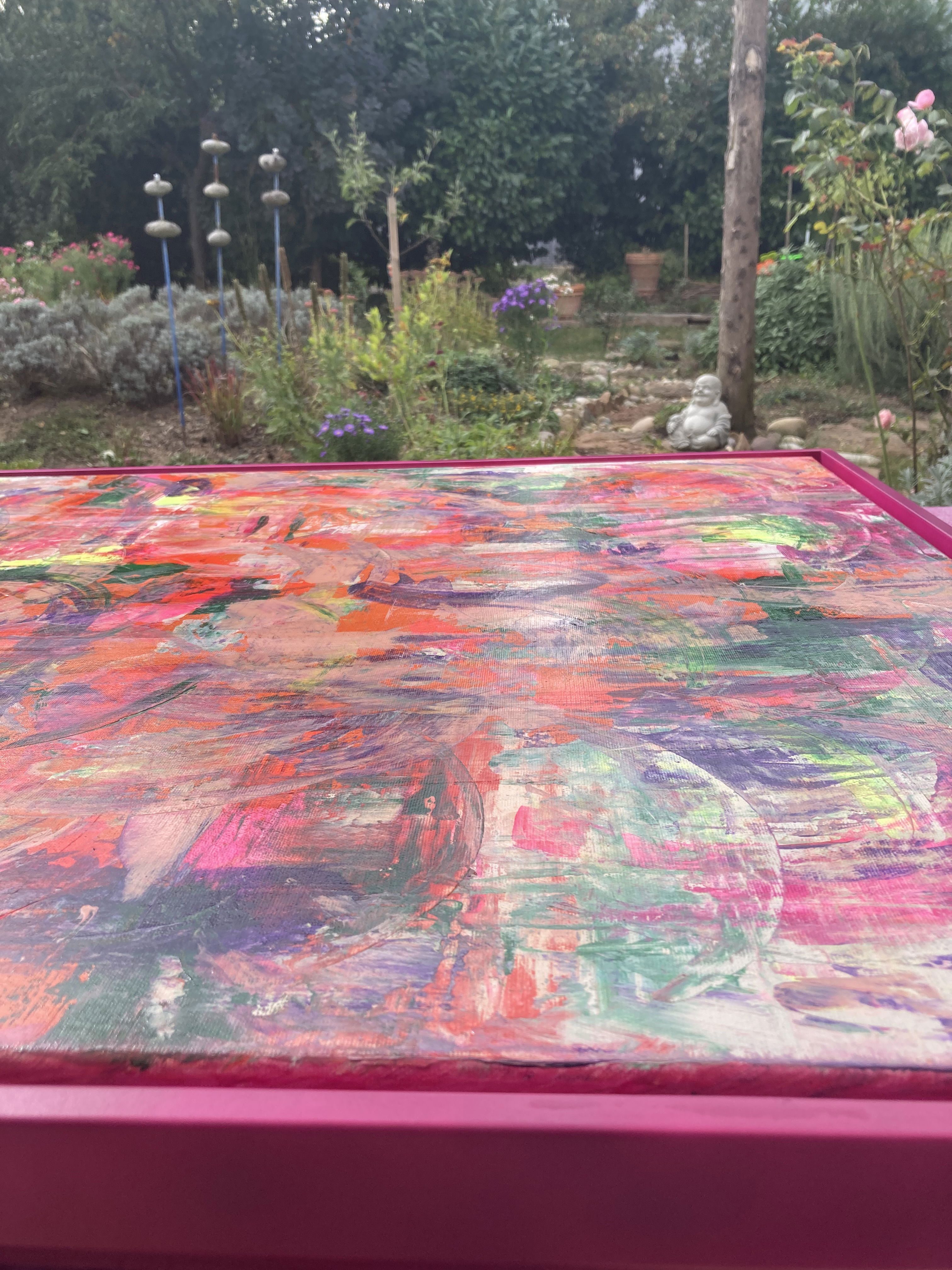 Abstract acrylic painting in vibrant hues of orange, purple, and green, featuring dynamic brushstrokes and layers that evoke a sense of chaos and fluidity. Artwork style is Abstrakt and technique Acryl auf Leinwand.