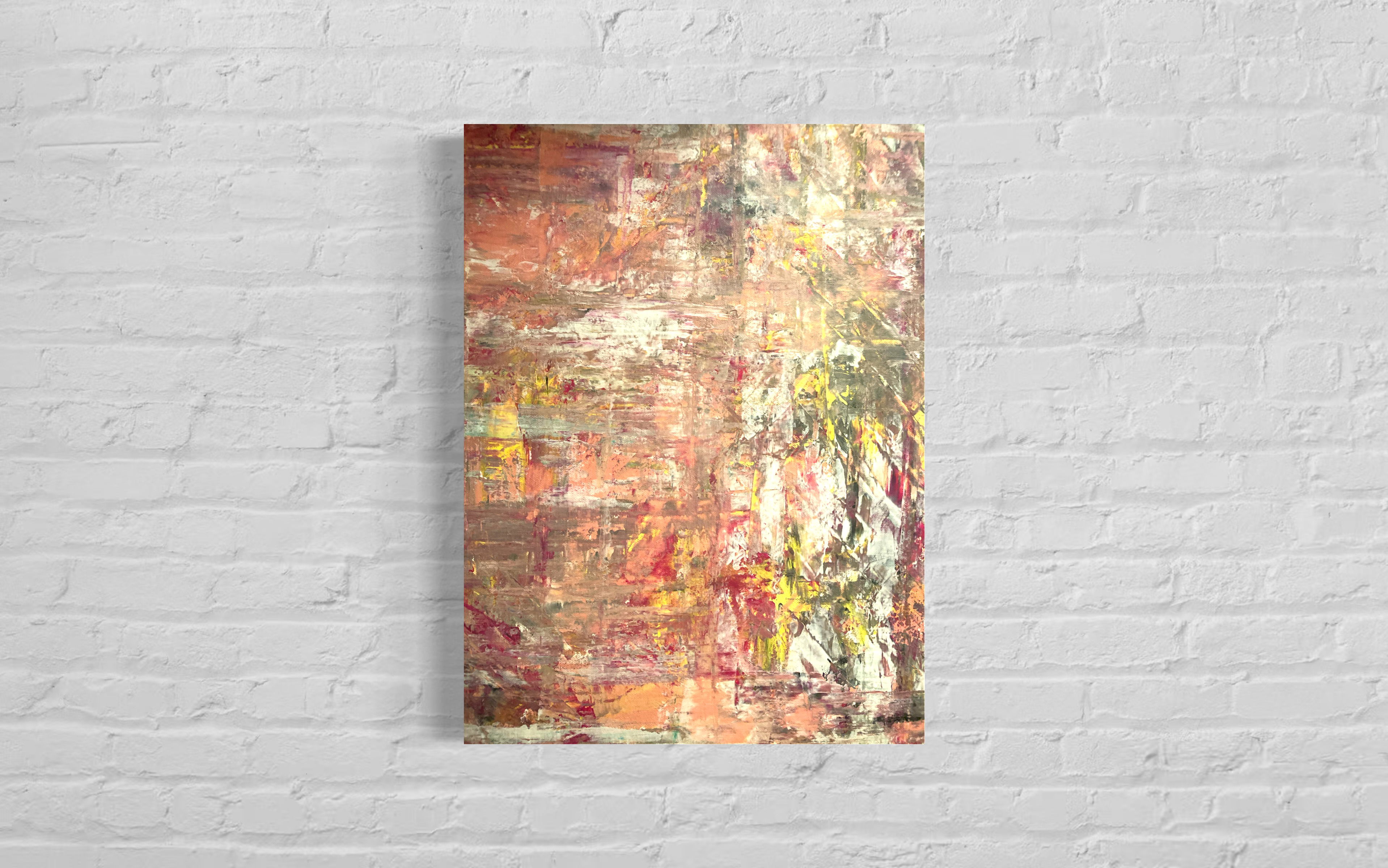 Abstract acrylic on canvas teeming with layered textures; juxtaposed muted and vibrant hues invoke chaotic harmony, revealing deep whispers of ethereal enigma. Artwork style is Abstrakt and technique Acryl auf Leinwand.