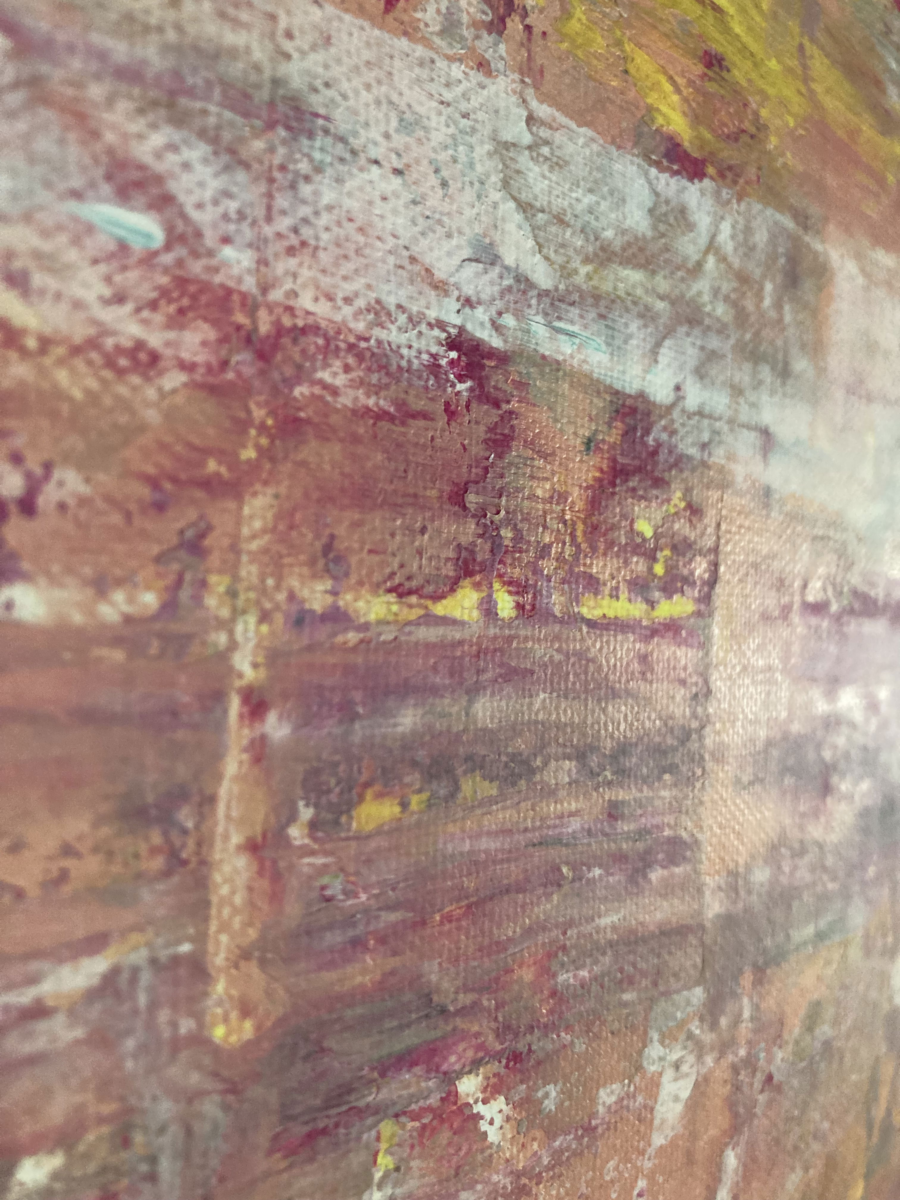 Acrylic abstract painting on canvas showcasing layered brushstrokes and textures, juxtaposing muted and vibrant hues in a harmonious dance of chaos and serenity. Artwork style is Abstrakt and technique Acryl auf Leinwand.