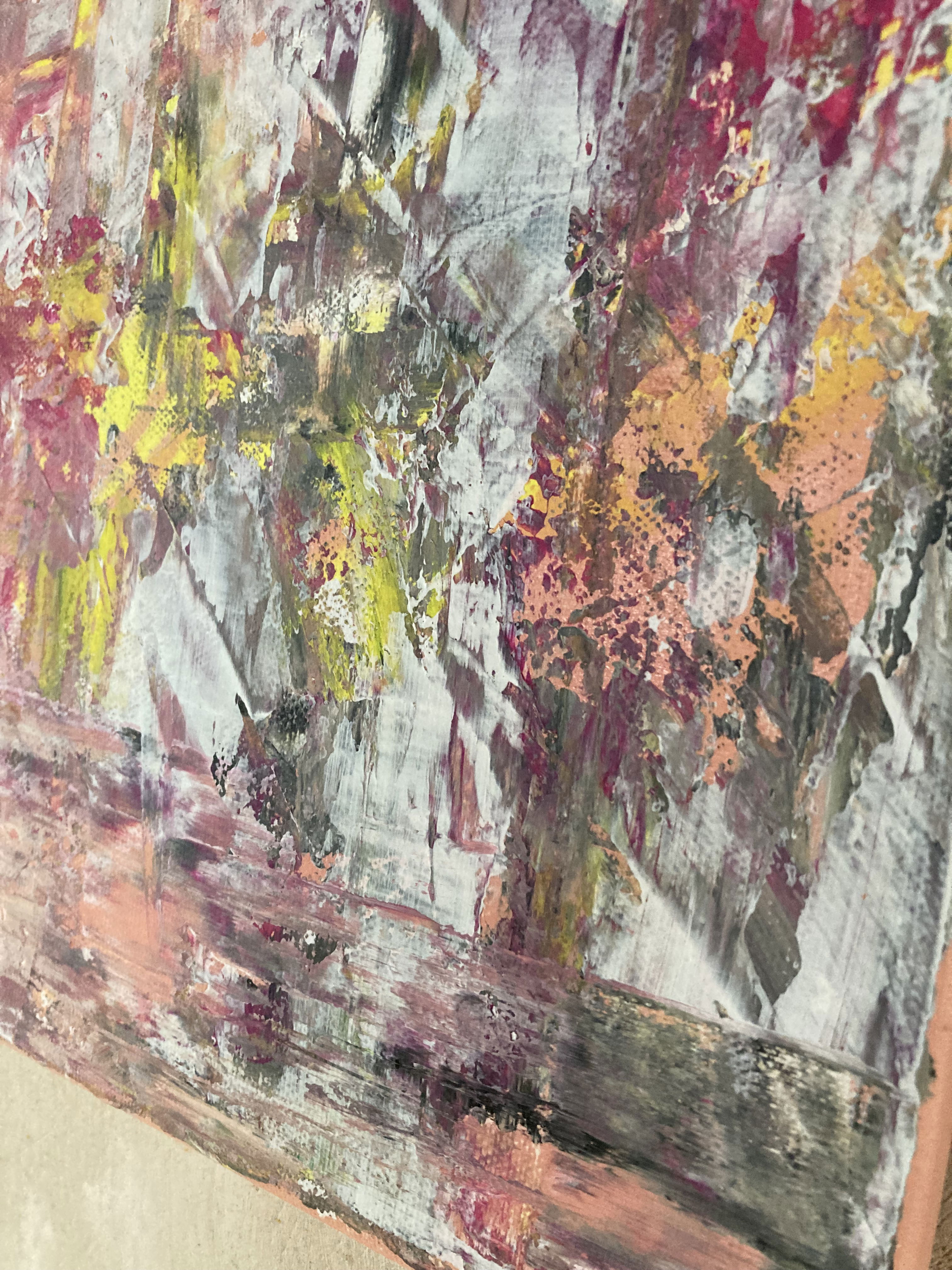 Acrylic abstraction on canvas with textured layers and fragmented brushstrokes, blending muted and vibrant hues to create a harmonious, enigmatic composition. Artwork style is Abstrakt and technique Acryl auf Leinwand.