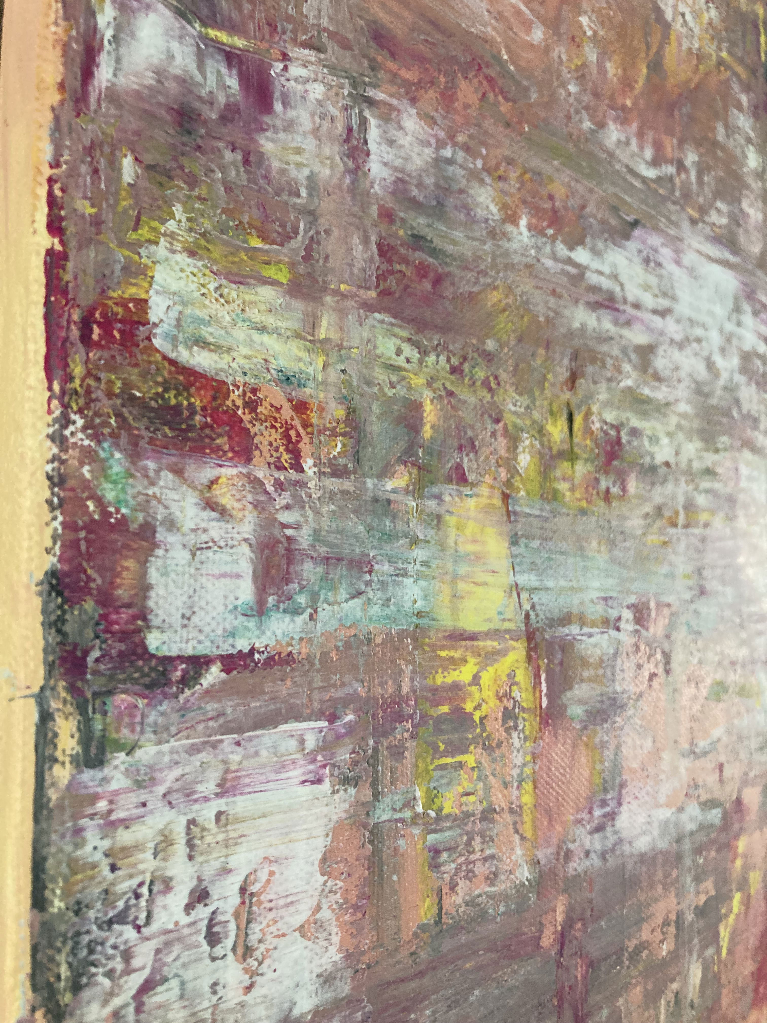 Abstract acrylic on canvas exuding a tapestry of layered brushstrokes; a cacophony of muted and vibrant tones harmoniously juxtaposed, crafting ethereal depth and contrast. Artwork style is Abstrakt and technique Acryl auf Leinwand.