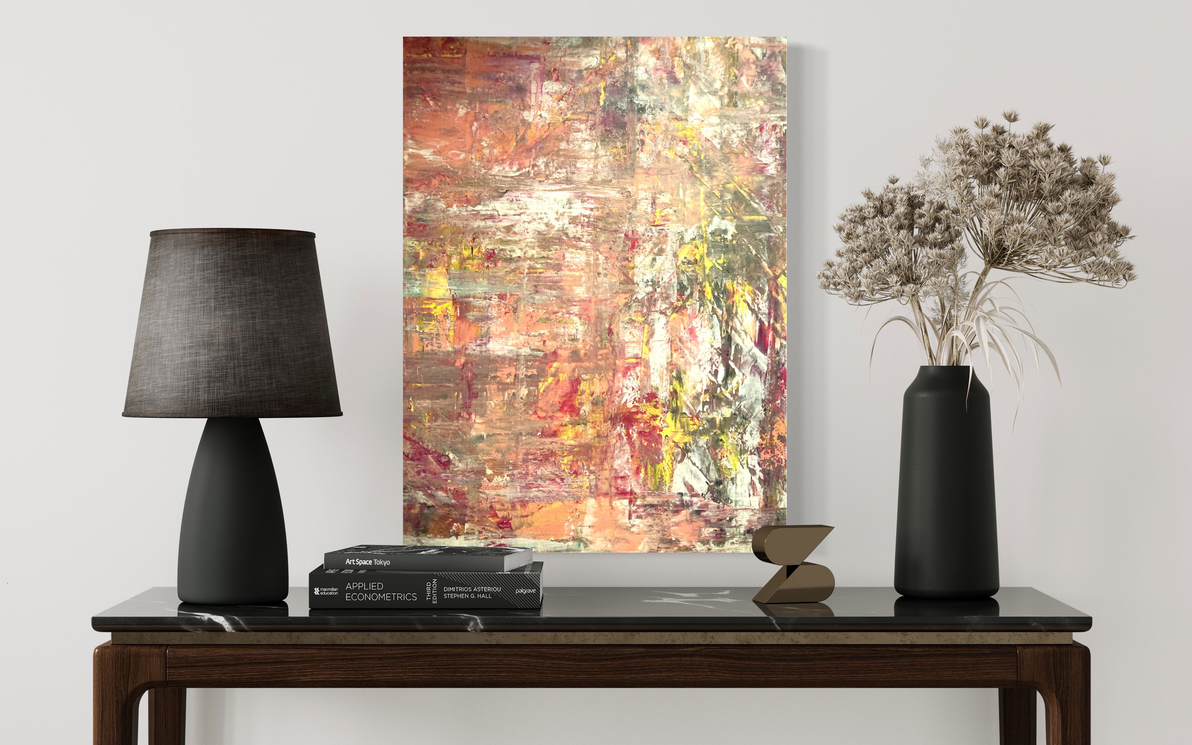 Abstract acrylic painting on canvas featuring chaotic yet harmonious layers, textured brushstrokes, and a juxtaposition of muted and vibrant colors evoking depth. Artwork style is Abstrakt and technique Acryl auf Leinwand.