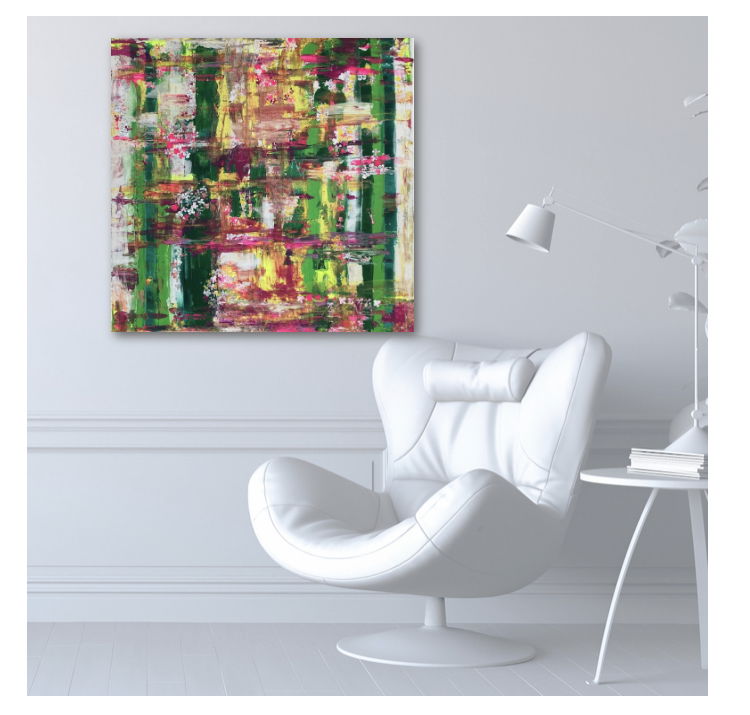 Abstract acrylic on canvas; a vibrant fusion of verdant greens, lilac hints, and intricate layers. A visual tapestry evoking tranquility and natural metamorphosis. Artwork style is Abstrakt and technique Acryl auf Leinwand.