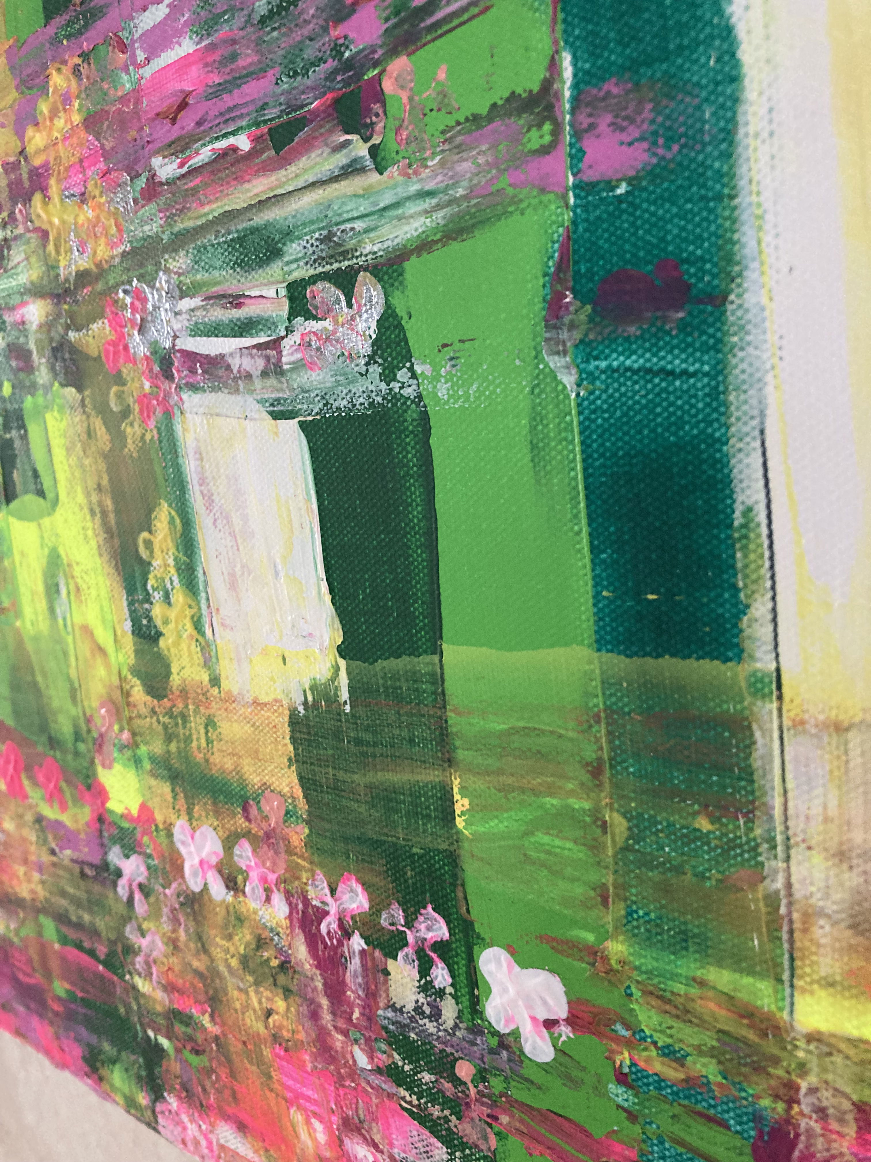 A vibrant acrylic artwork on canvas, with lush green strokes and delicate lilac blooms, evoking a peaceful interplay of verdant undergrowth and gentle blossoms. Artwork style is Abstrakt and technique Acryl auf Leinwand.