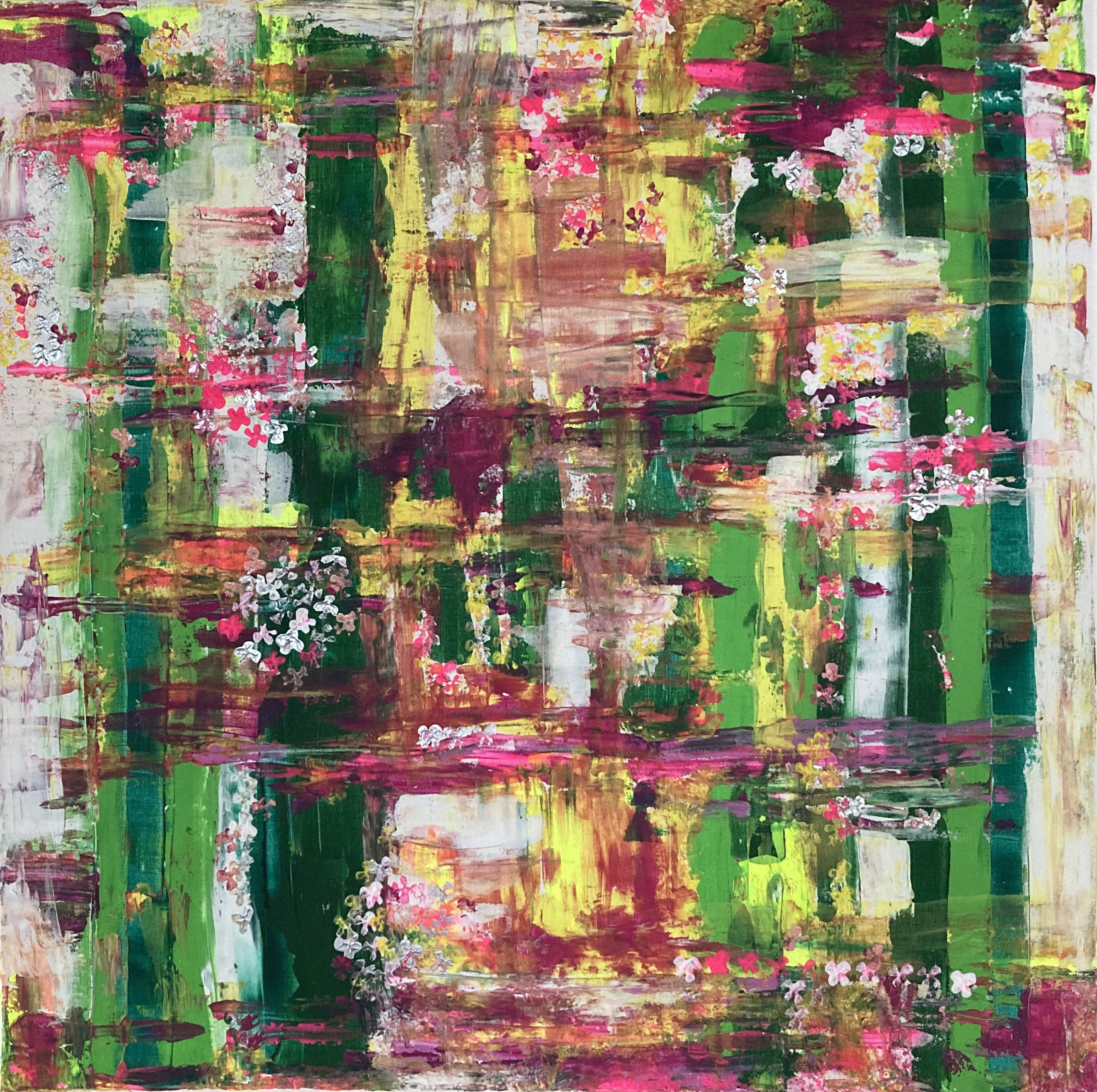 Abstract acrylic on canvas, this vibrant artwork features cascading hues and intricate foliage in a verdant patchwork evoking tranquility and rejuvenation." Artwork style is Abstrakt and technique Acryl auf Leinwand.