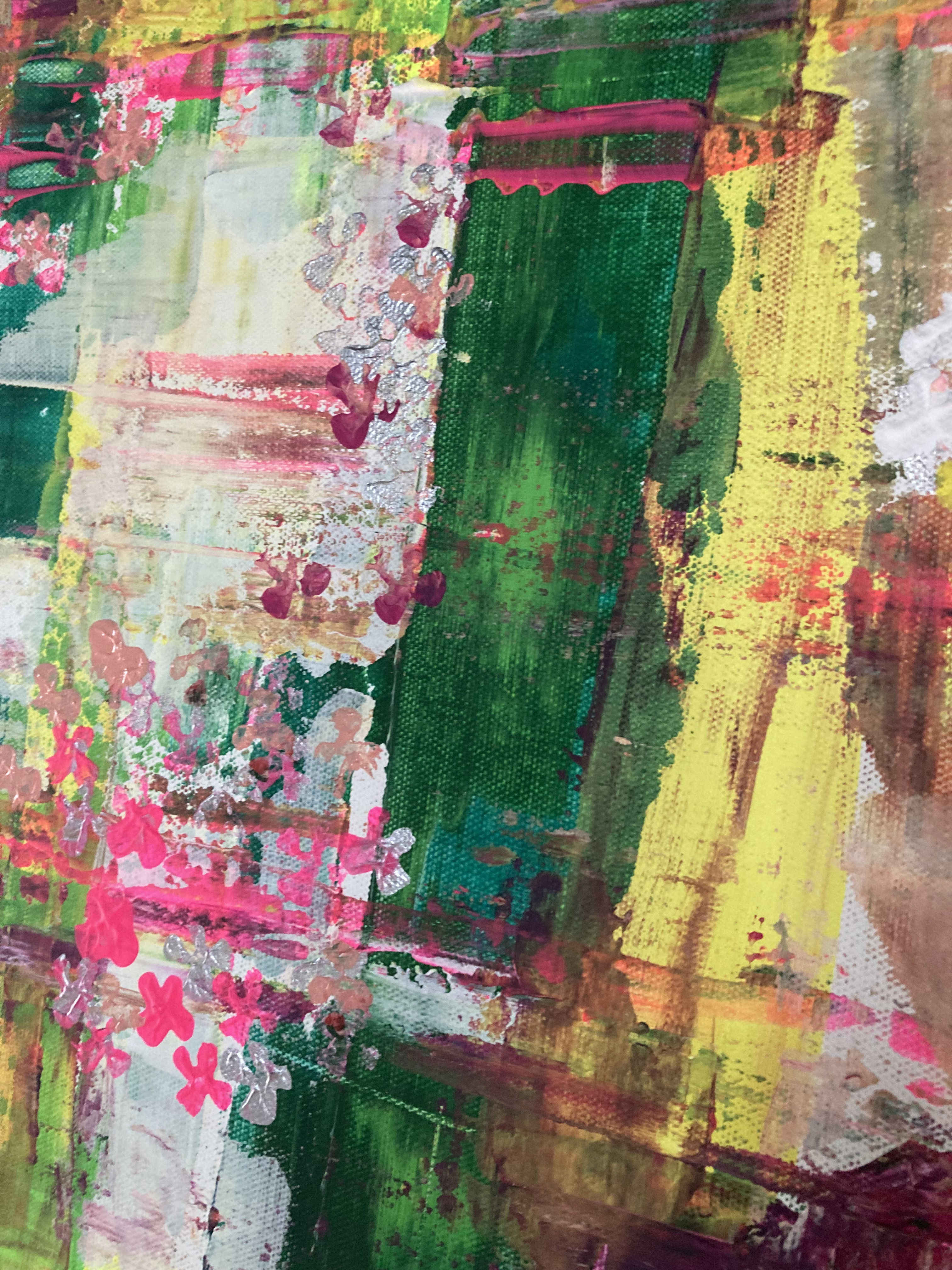 Acrylic abstraction on canvas bursts with vibrant greens and lilac accents, creating an intricate tapestry of cascading colors and tranquil, verdant foliage. Artwork style is Abstrakt and technique Acryl auf Leinwand.