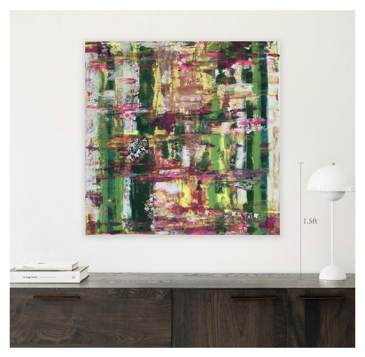 Abstract acrylic painting on canvas, vibrant and verdant with lilac blooms and intricate layers, evokes a tranquil tapestry of nature’s metamorphosis. Artwork style is Abstrakt and technique Acryl auf Leinwand.