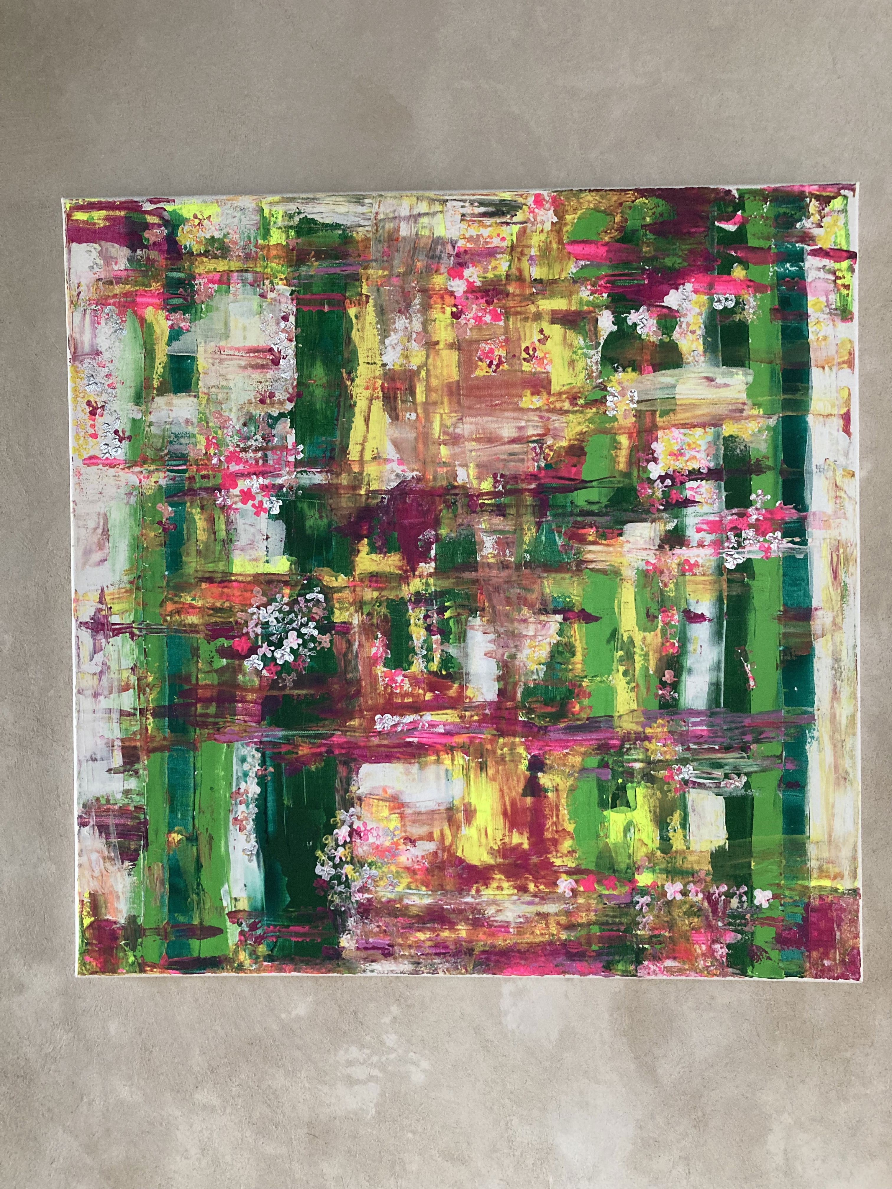 An abstract acrylic on canvas painting, bursting with vibrant hues of verdant greens, lively lilacs, and rich purples, evoking a mesmerizing tapestry of nature's serenity. Artwork style is Abstrakt and technique Acryl auf Leinwand.