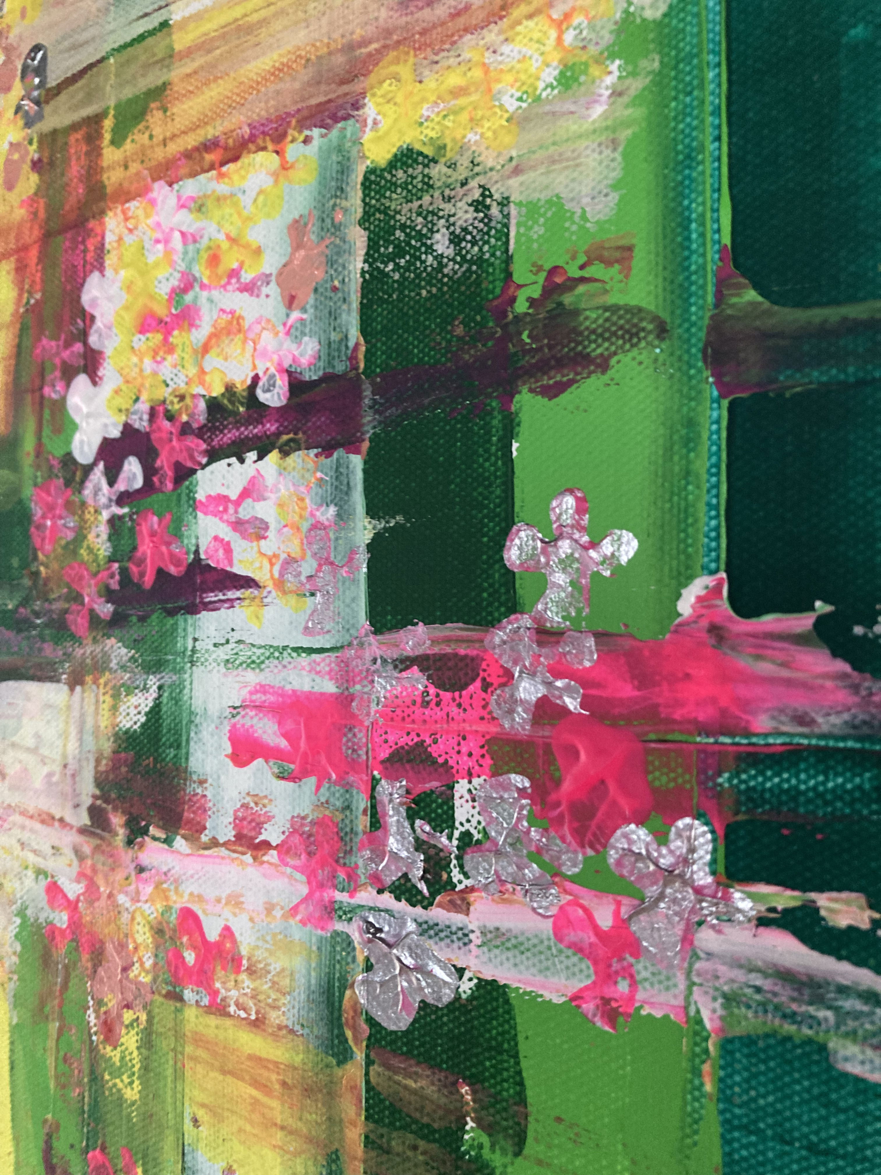 An abstract acrylic canvas bursting with vibrant foliage hues and lilac blossoms, evoking a verdant cascade of metamorphosis and intricate tranquility. Artwork style is Abstrakt and technique Acryl auf Leinwand.