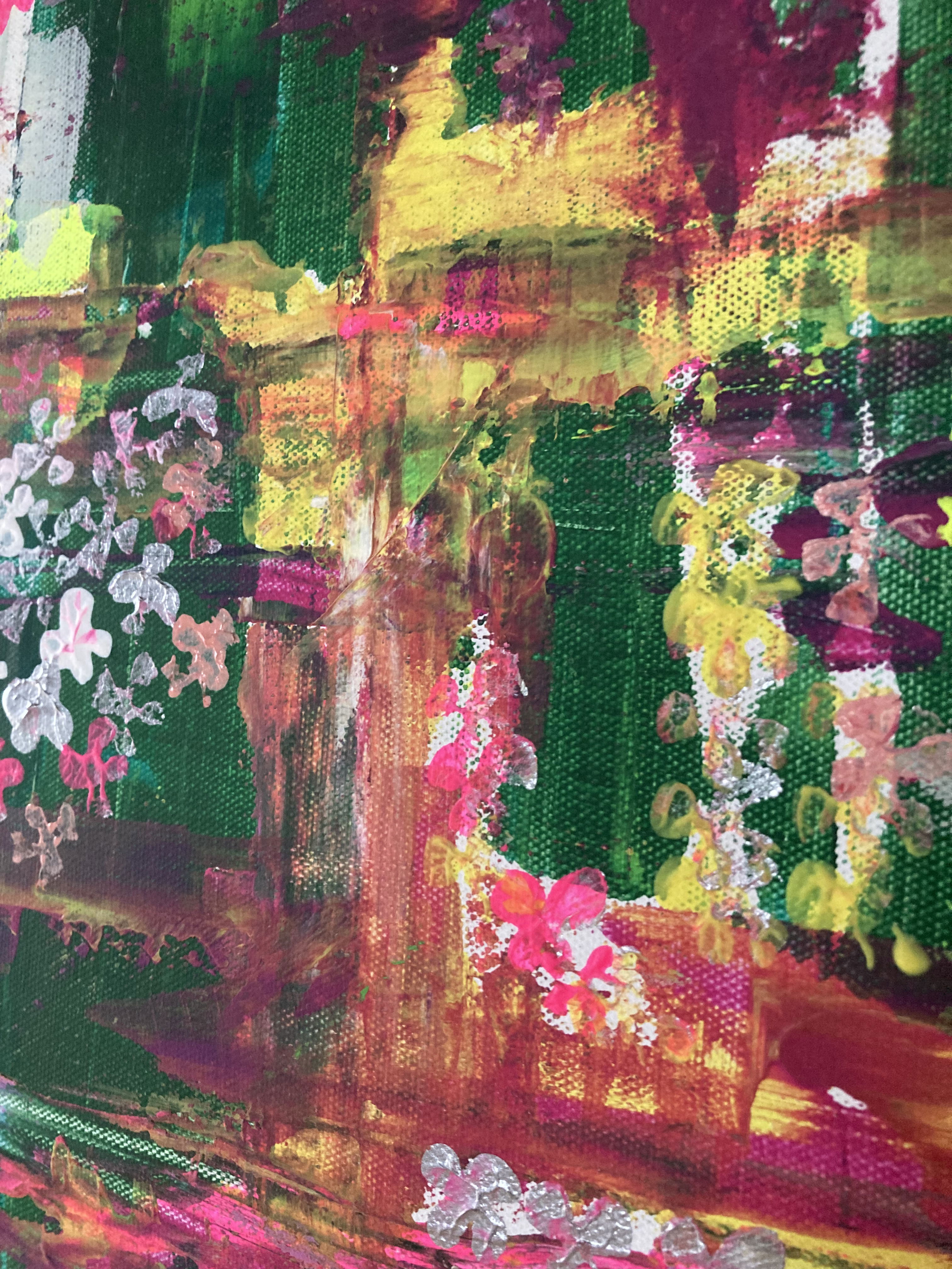 Abstract acrylic artwork on canvas with vibrant splashes of pinks, yellows, and greens, resembling a verdant tapestry of foliage and blooming blossoms in harmonious strokes. Artwork style is Abstrakt and technique Acryl auf Leinwand.
