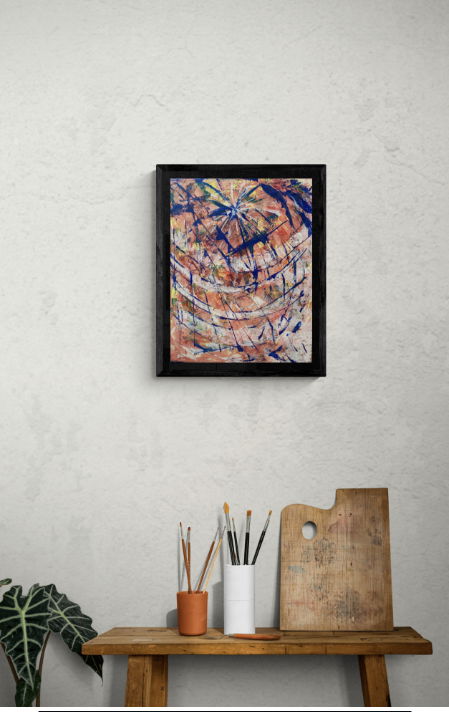 Abstract acrylic on canvas featuring a swirling vortex in azure and crimson hues, exuding an energetic explosion of texture, movement, and dynamic composition. Artwork style is Abstrakt and technique Acryl auf Leinwand.