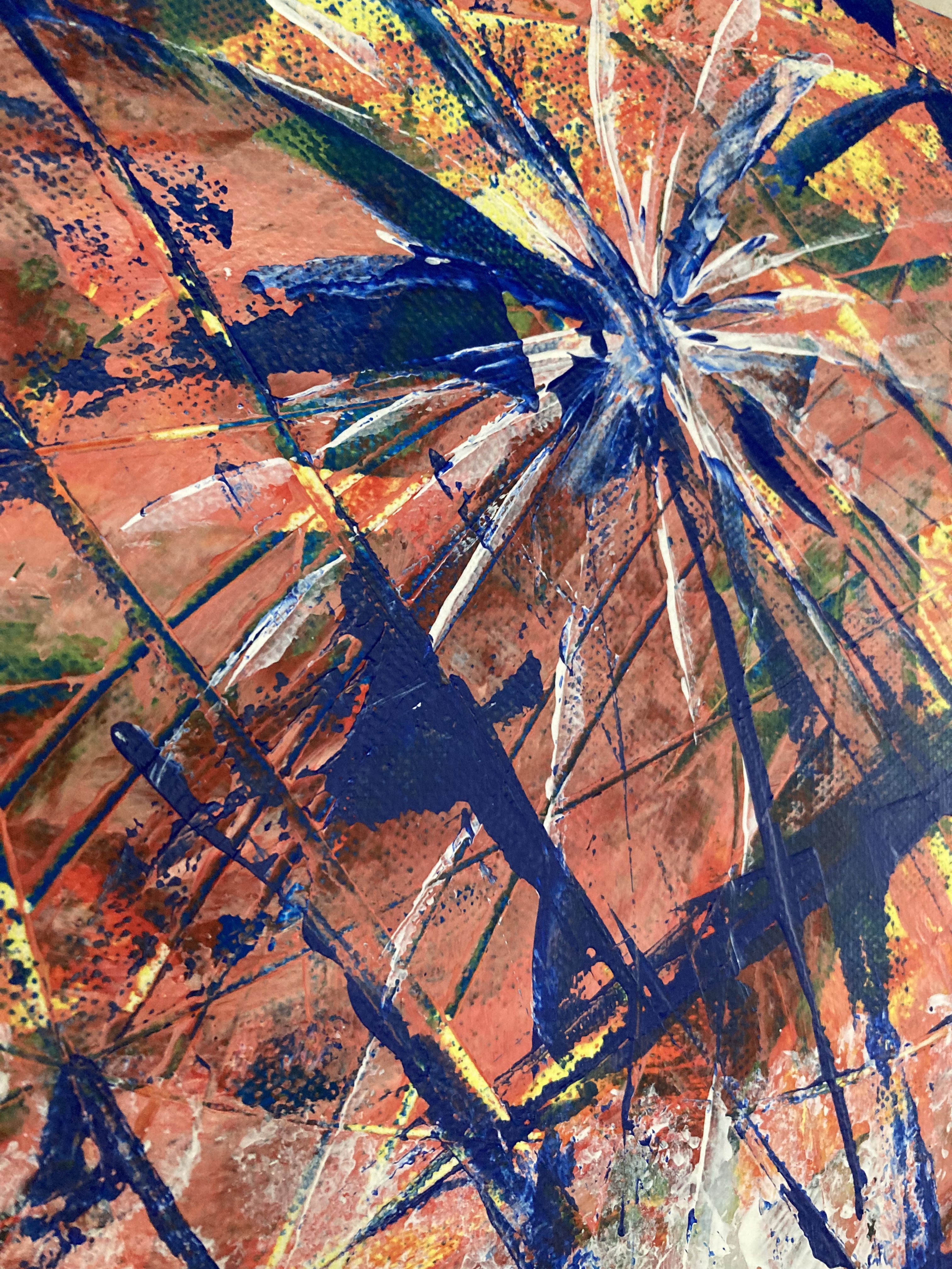 An abstract acrylic painting on canvas, showcasing a vortex of azure and crimson splatter with arcs and streaks, inviting a sense of chaotic energy and dynamic movement. Artwork style is Abstrakt and technique Acryl auf Leinwand.