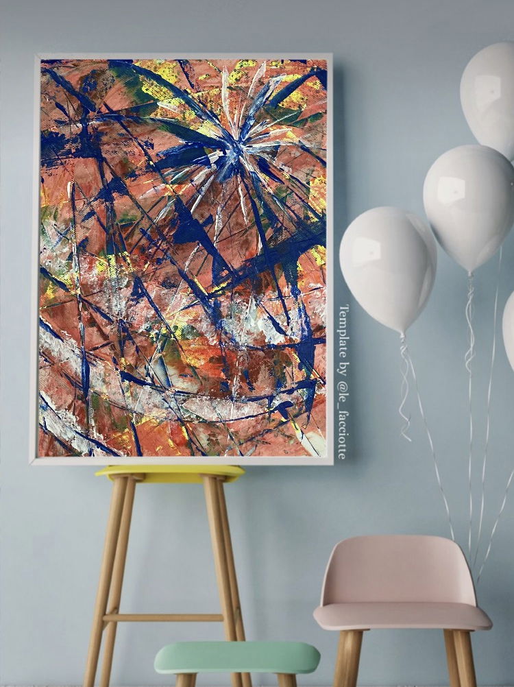 Acrylic abstract artwork on canvas featuring dynamic azure and crimson vortexes, splatter patterns, and radiant arcs creating a sense of energetic chaos. Artwork style is Abstrakt and technique Acryl auf Leinwand.