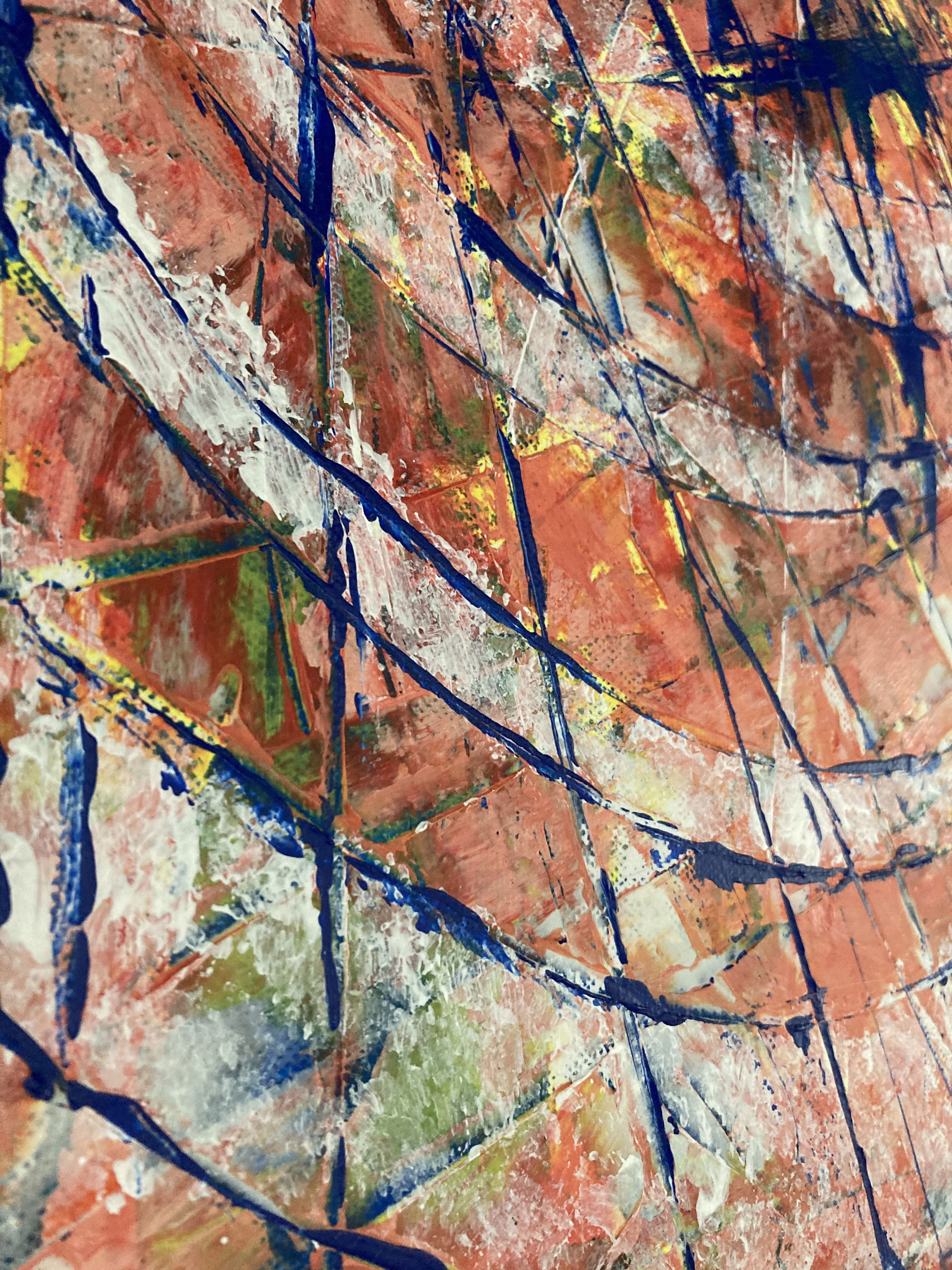 An abstract acrylic on canvas, bursting with azure and crimson vortexes, chaotic arcs and streaks, reflecting energy, tension, and dynamic brushstrokes.
 Artwork style is Abstrakt and technique Acryl auf Leinwand.