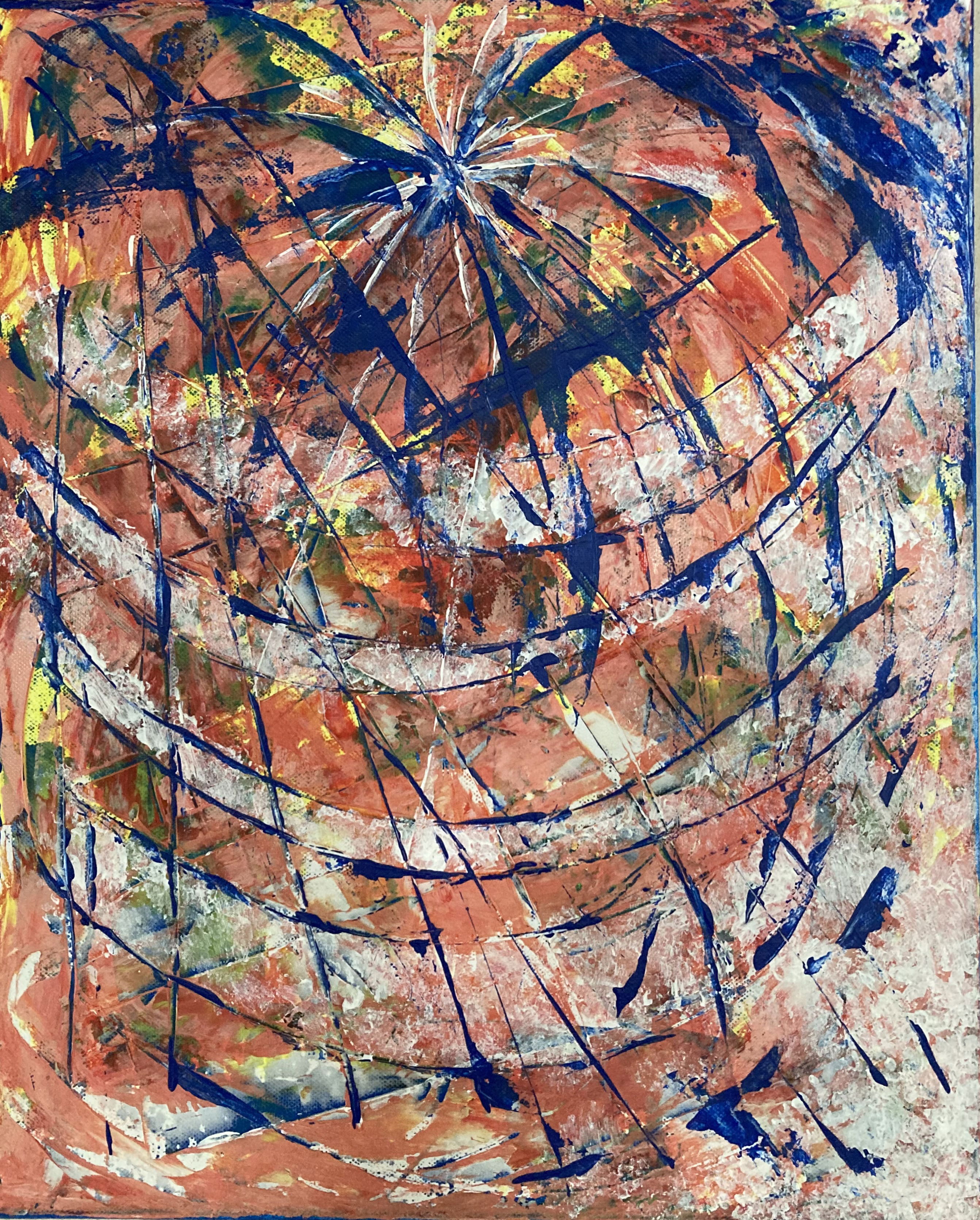 Abstract acrylic on canvas artwork exhibits vibrant azure and crimson arcs, capturing chaos and energy in a splatter of luminosity and dynamic brushstrokes. Artwork style is Abstrakt and technique Acryl auf Leinwand.