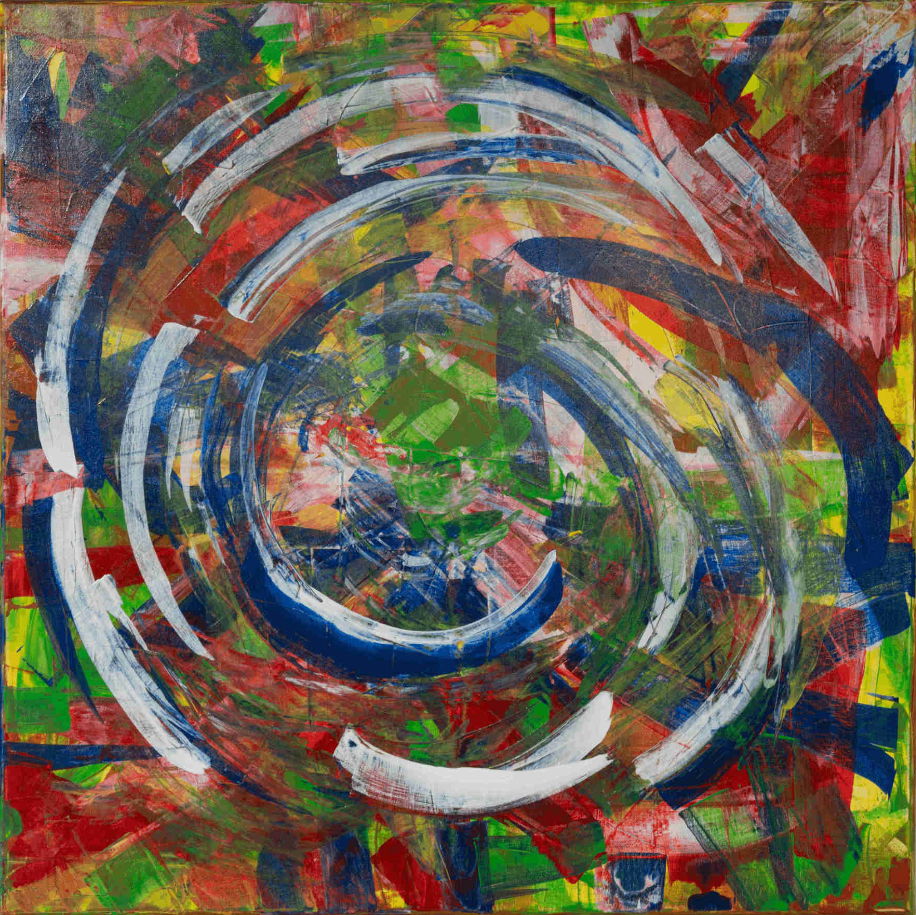 A dynamic abstract acrylic painting on canvas featuring swirling primary colors and chaotic brushstrokes, evoking energy, motion, and luminosity. Artwork style is Abstrakt and technique Acryl auf Leinwand.