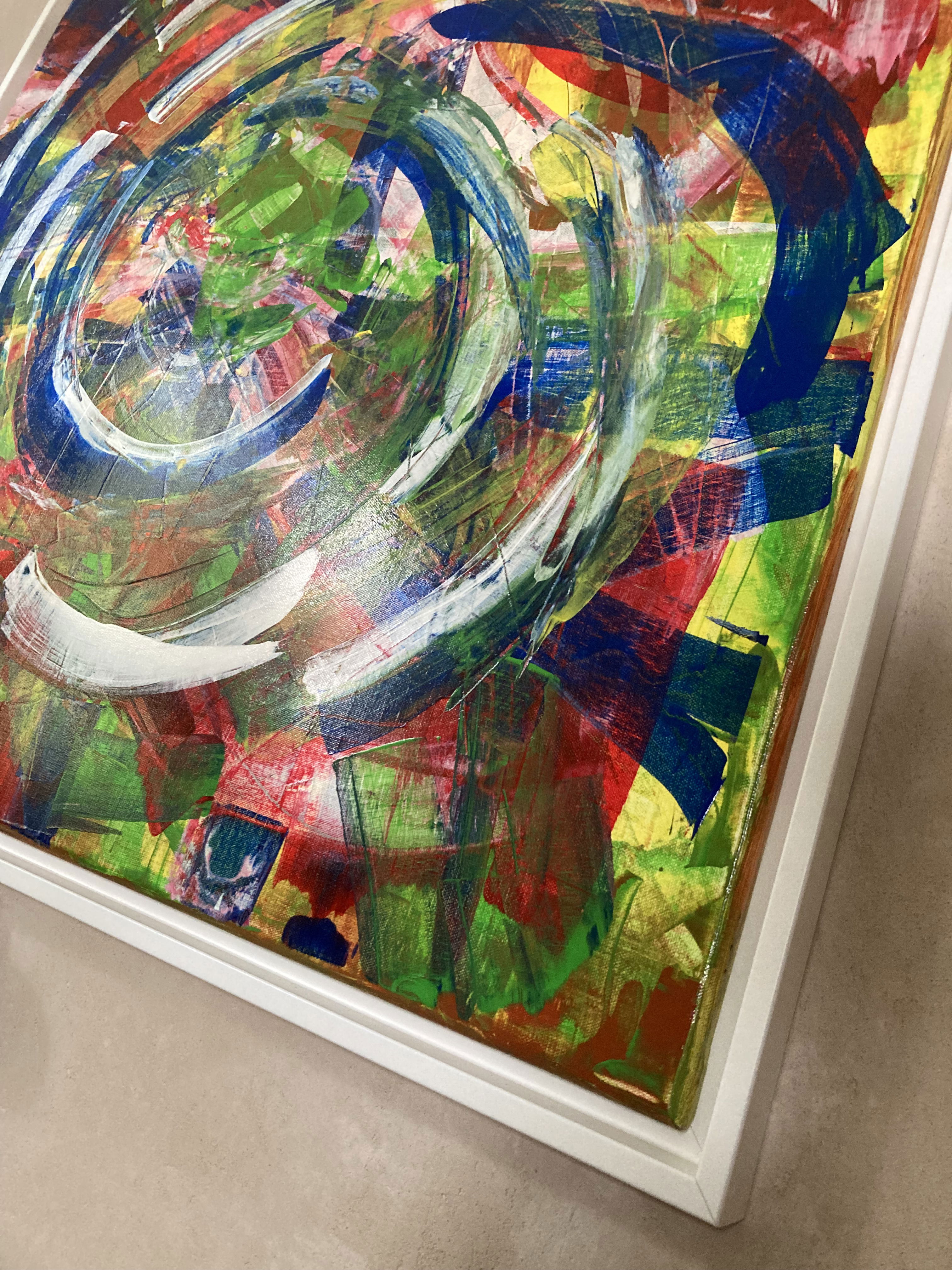 Abstract acrylic on canvas featuring dynamic swirls and vortices in primary colors, creating a chaotic yet energetic composition with rich texture and depth. Artwork style is Abstrakt and technique Acryl auf Leinwand.