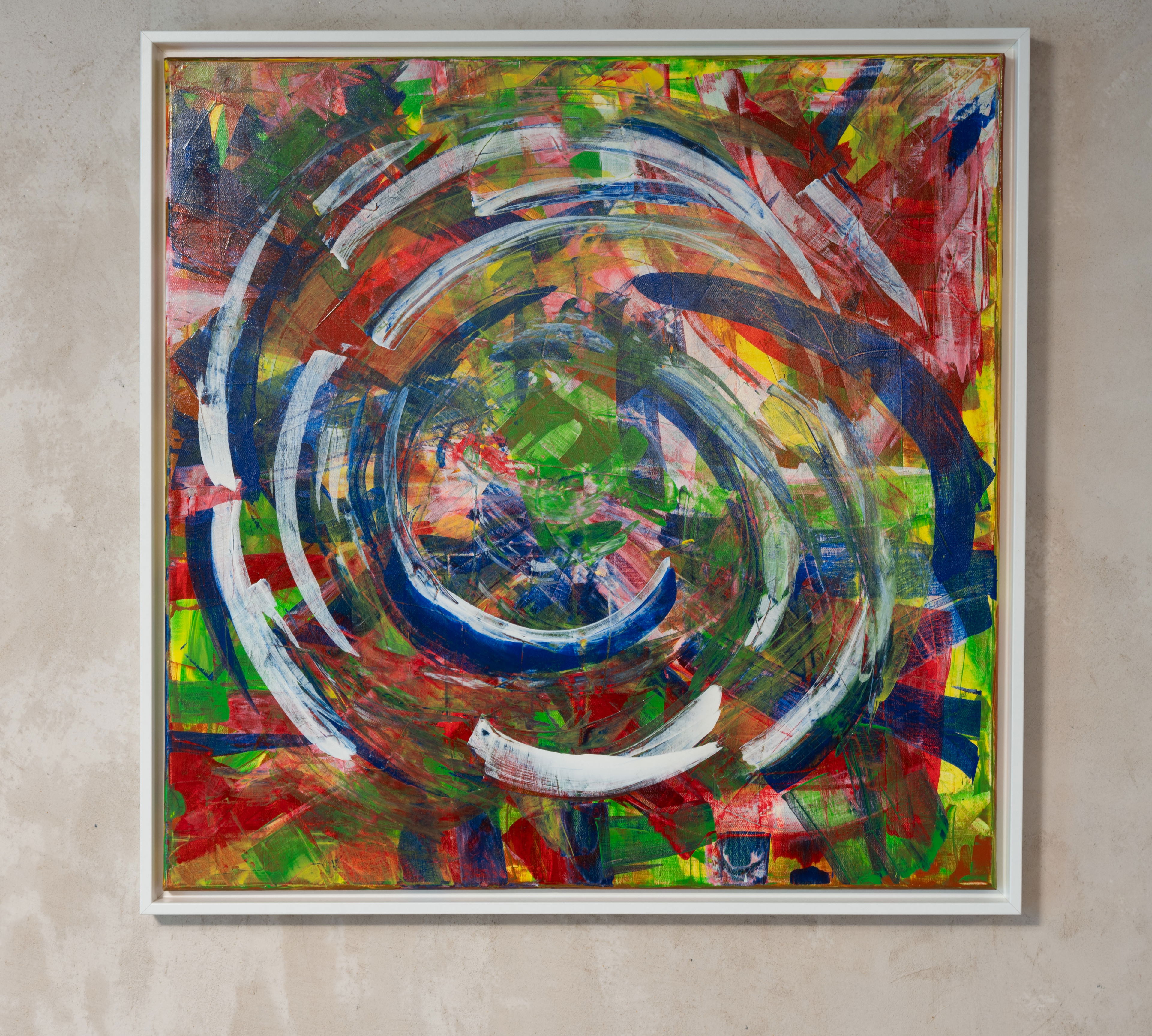 Abstract acrylic on canvas; vibrant swirls interplay with chaotic energy, blending primary colors in dynamic motion and textured layers. Artwork style is Abstrakt and technique Acryl auf Leinwand.