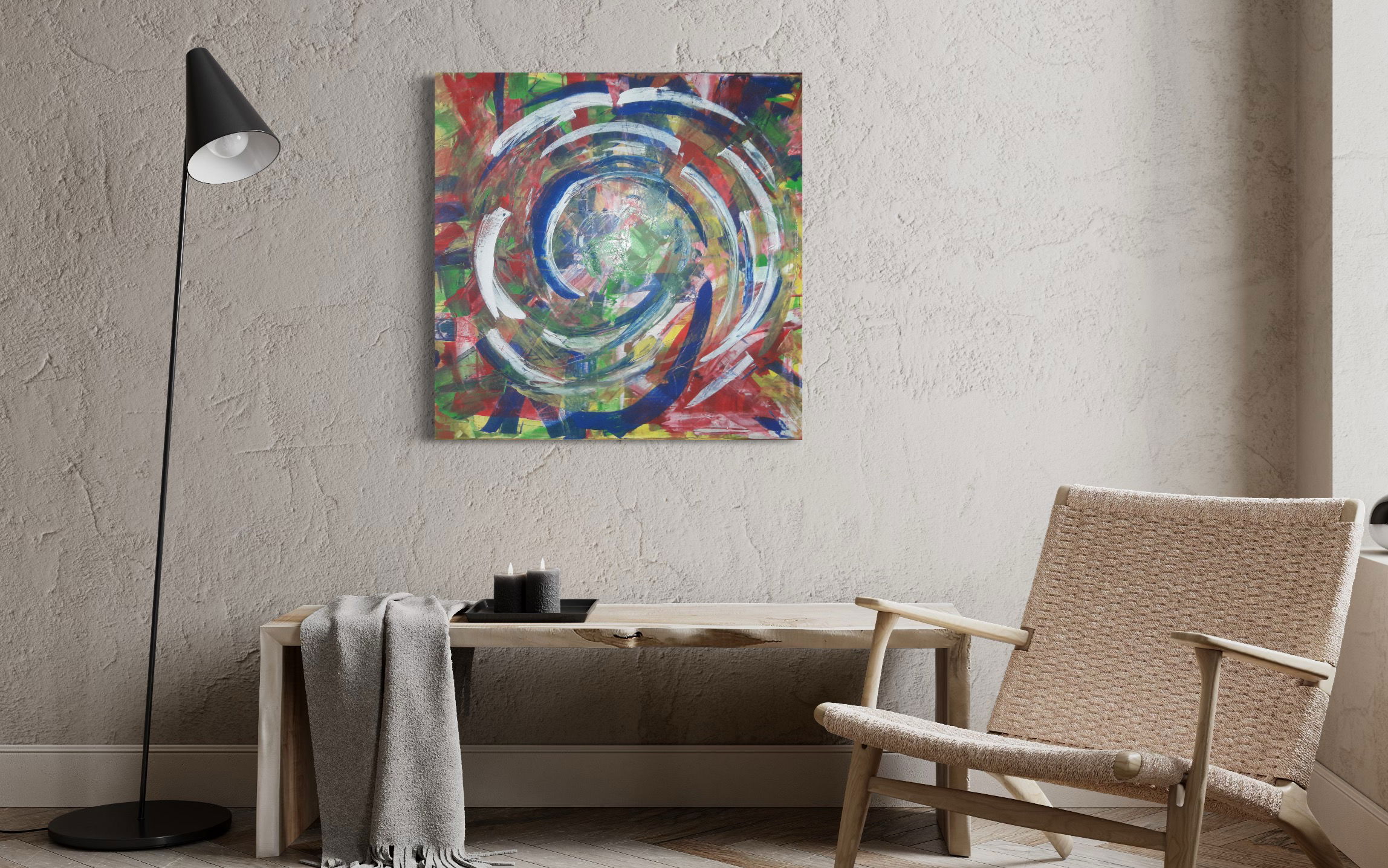 Abstract acrylic painting on canvas featuring swirling vortexes, vibrant primary colors, dynamic brushstrokes, and layers creating depth and motion. Artwork style is Abstrakt and technique Acryl auf Leinwand.