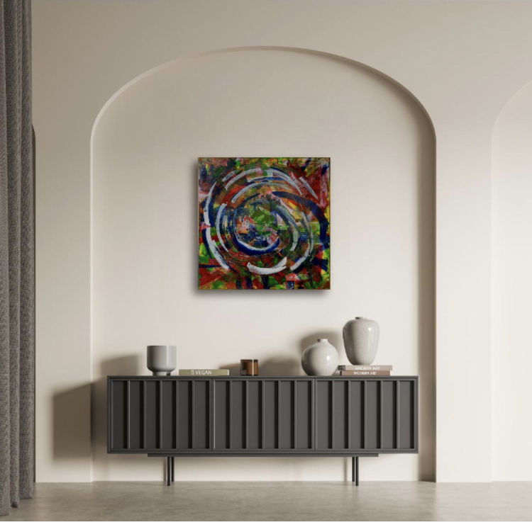 An abstract acrylic painting on canvas, featuring swirling vortexes of primary colors, radiating chaotic energy, depth, and dynamic brushstrokes. Artwork style is Abstrakt and technique Acryl auf Leinwand.