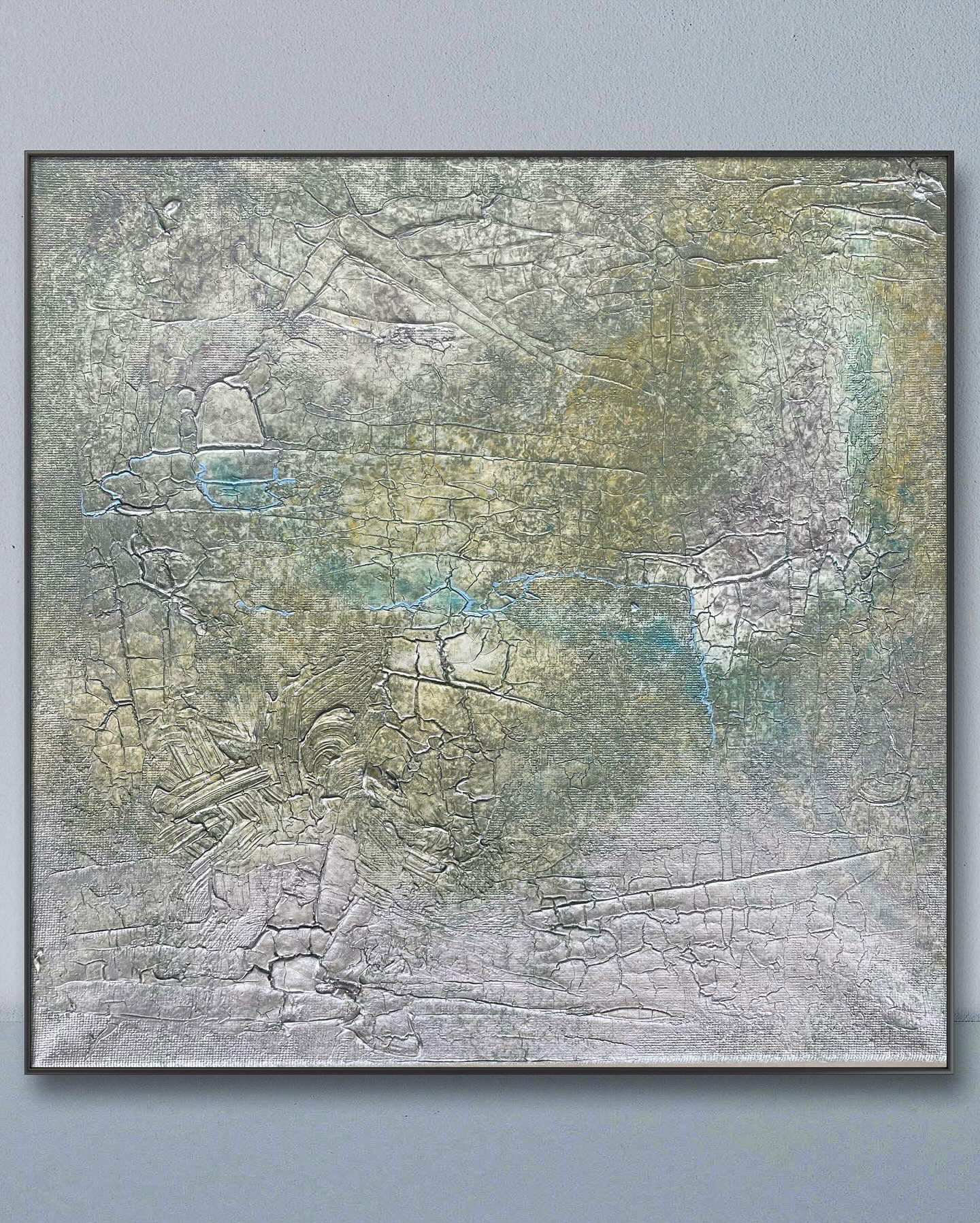 Abstract acrylic on canvas evokes organic erosion, with cracked textures and muted earth tones blending fluidly, revealing layers of enigmatic depth and mineral patina. Artwork style - Abstrakt and technique Acryl auf Leinwand.
