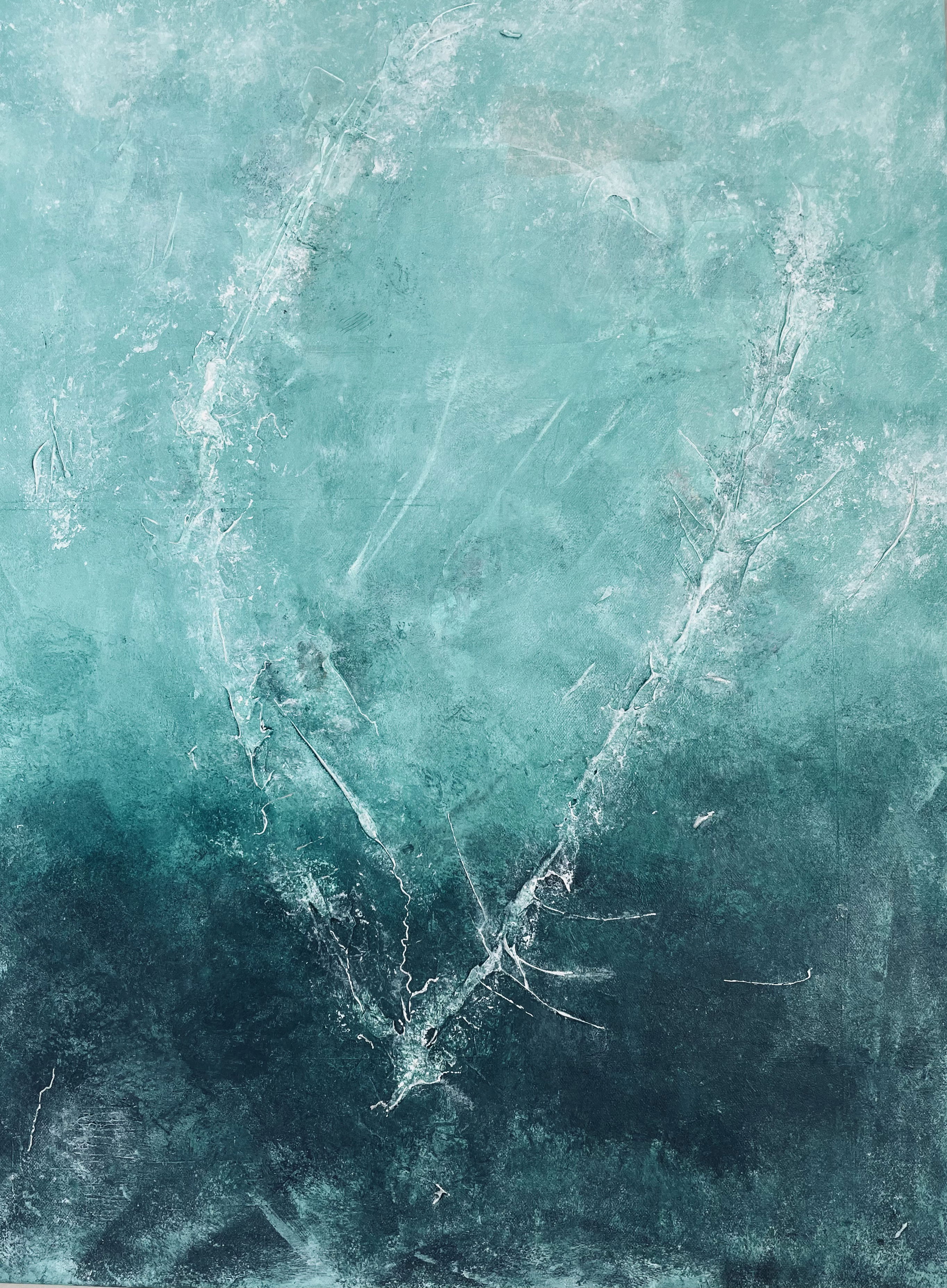 Abstract art in acrylic on canvas, blending serene turquoise gradients with textured layers and ethereal whispers, creating an ocean-like depth and tranquil serenity. Artwork style - Abstrakt and technique Acryl auf Leinwand.