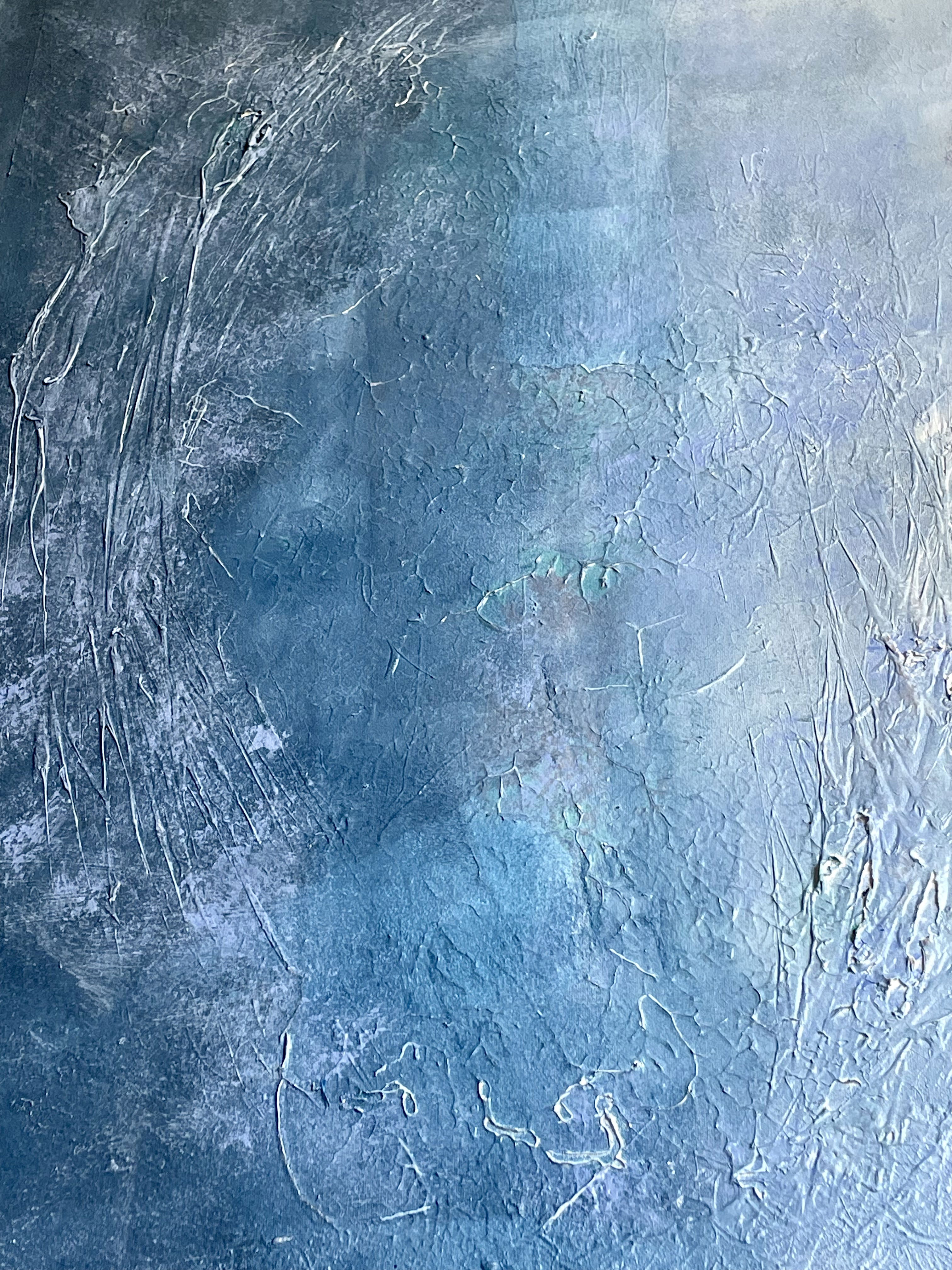 Abstract acrylic on canvas with ethereal azure swirls and textured layers, evoking oceanic depths and celestial whispers, blending mystery and serenity in delicate shadows. Artwork style - Abstrakt and technique Acryl auf Leinwand.