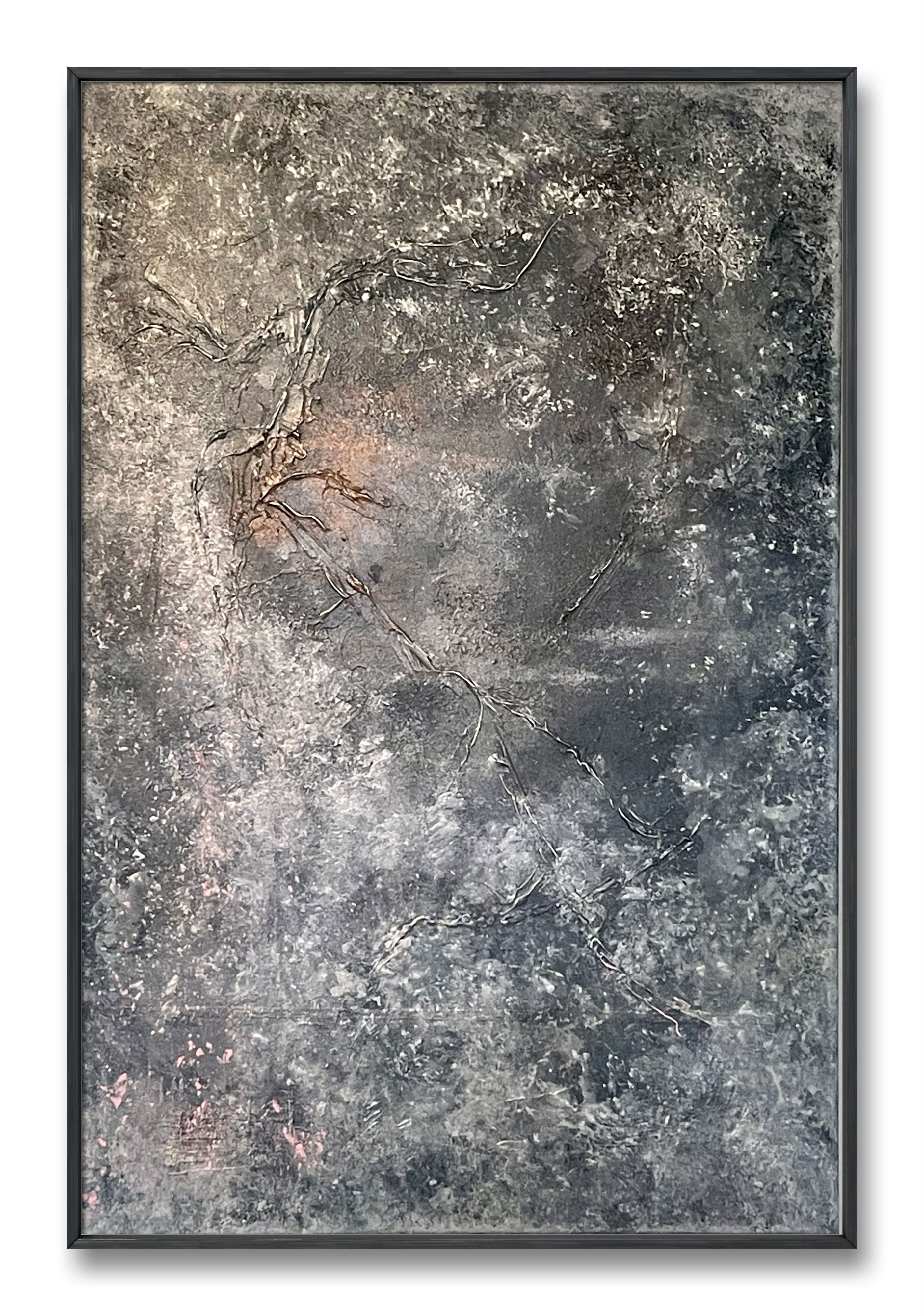 Acrylic on canvas abstract painting evokes twilight's mystery through layers of monochrome textures, echoing mineral fissures and organic depths, captured in ethereal silence. Artwork style - Abstrakt and technique Acryl auf Leinwand.