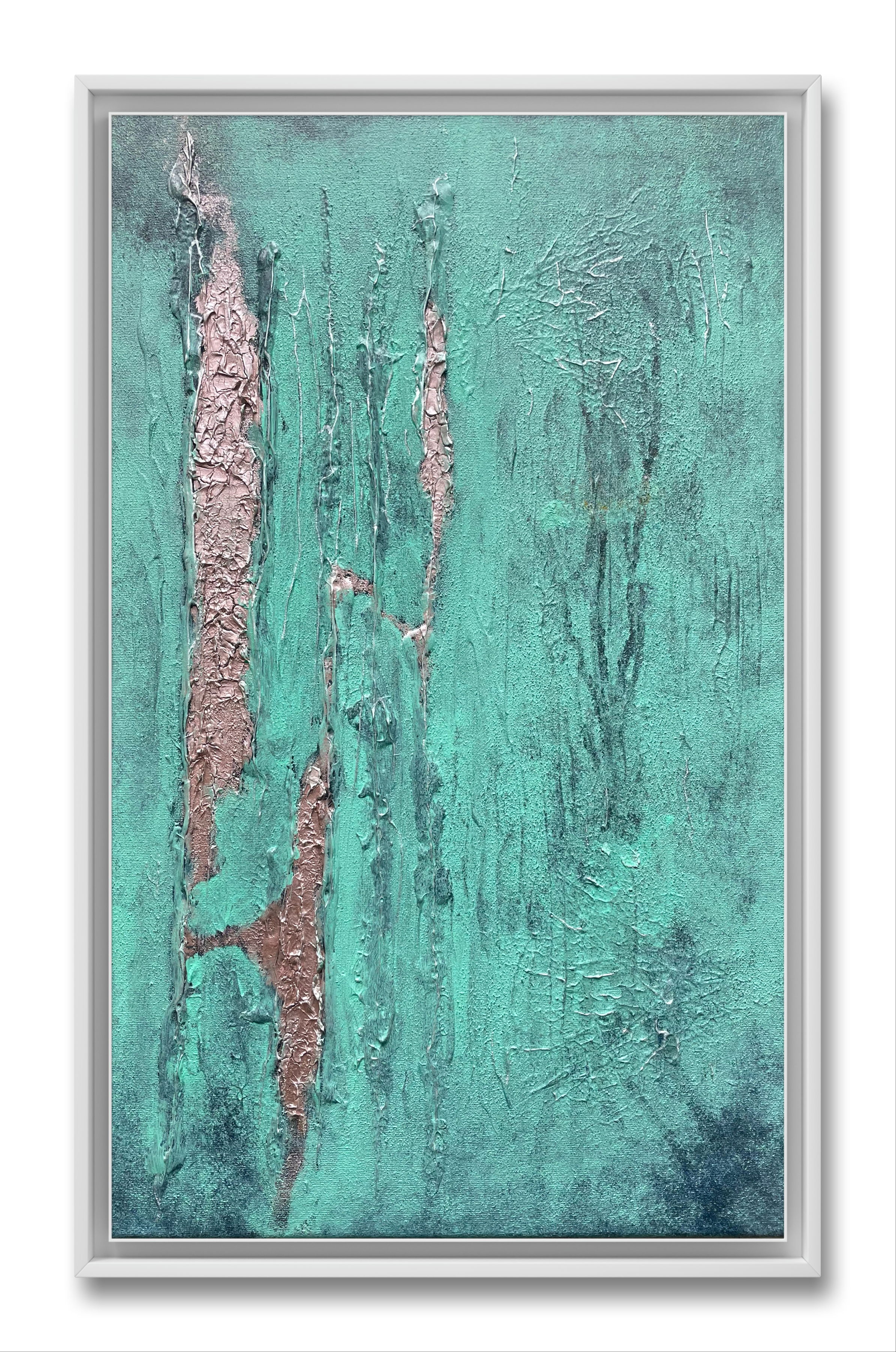 Abstract acrylic painting on canvas showcasing turquoise fissures and deep teal veins, capturing nature's erosion, patina, and the tranquility of resilience amid visible decay. Artwork style - Abstrakt and technique Acryl auf Leinwand.