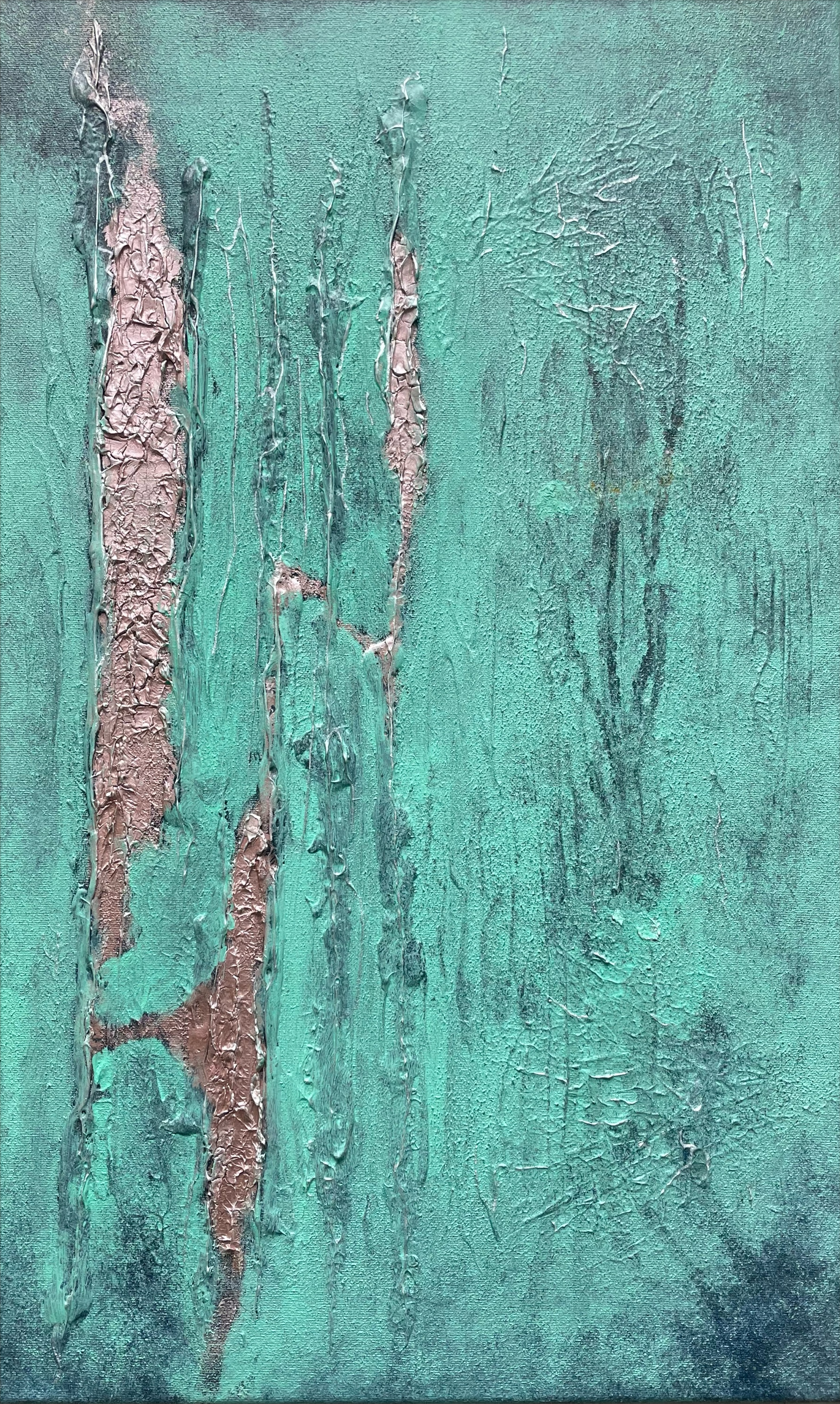 Abstract acrylic on canvas featuring turquoise veins and fissures intertwining with layers of patina, evoking a sense of tranquil resilience amidst the mystery of nature's decay. Artwork style - Abstrakt and technique Acryl auf Leinwand.