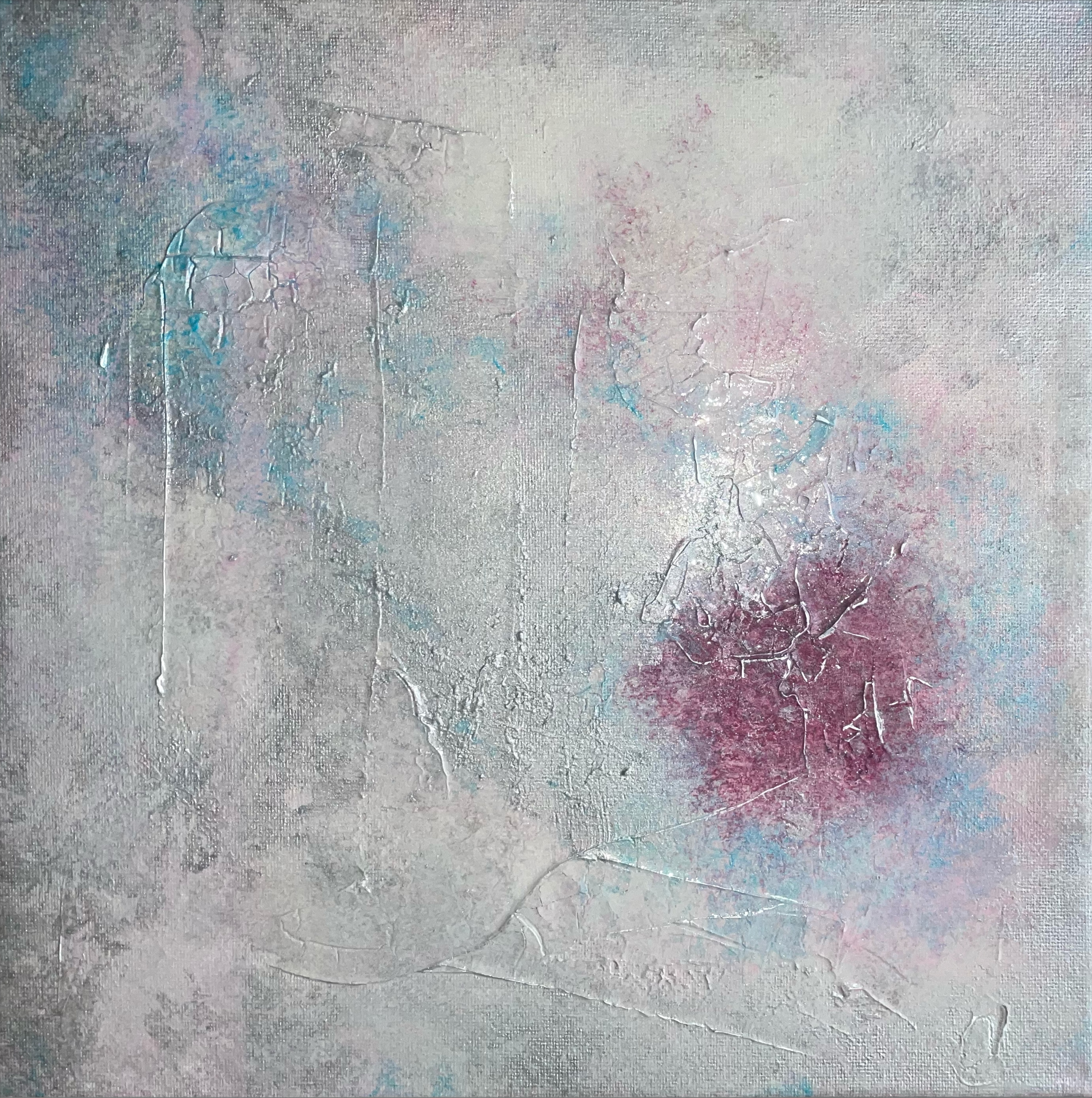 Ethereal layers of pale violet, pink, and blue acrylic float in a dreamlike mist, with fragmented textures and shimmering whispers, inviting a journey through a spectral labyrinth. Artwork style - Abstrakt and technique Acryl auf Leinwand.