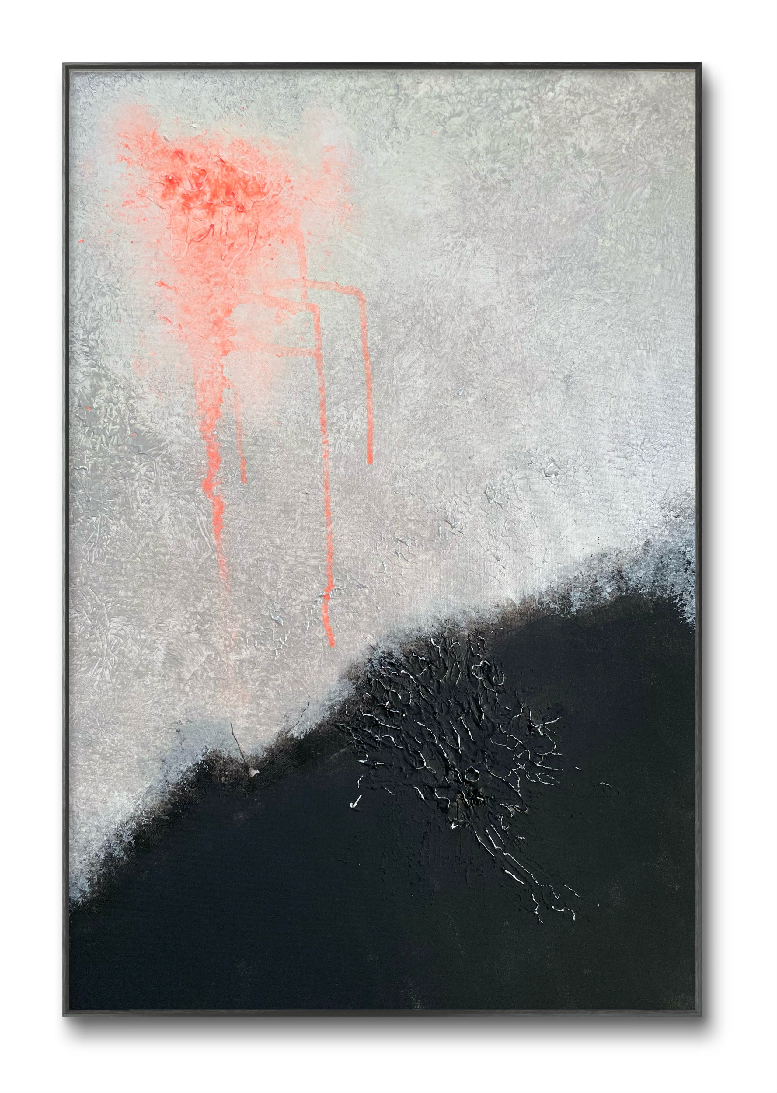 Abstract acrylic painting on canvas featuring stark contrasts; muted gray background meets dynamic black texture, punctuated by vibrant peach drips evoking ethereal ruptures. Artwork style - Abstrakt and technique Acryl auf Leinwand.