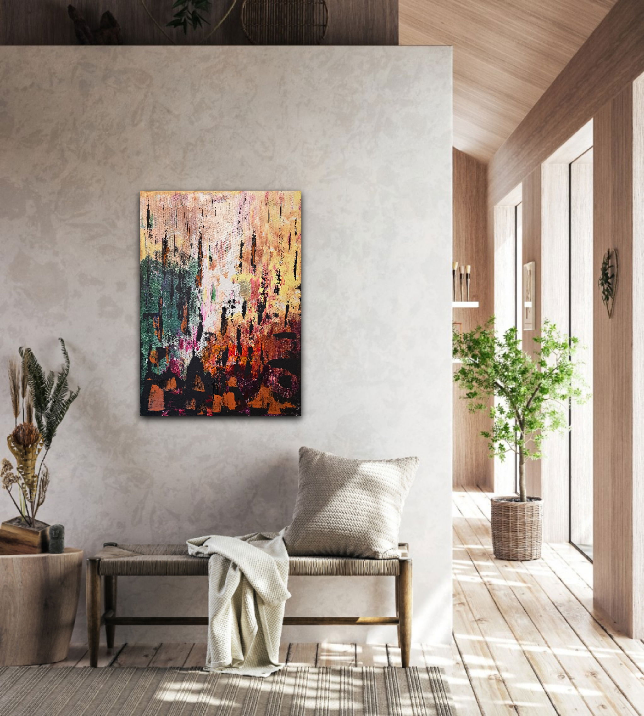 Abstract acrylic painting with vibrant sienna, emerald, and coral hues, embodying chaos, harmony, and depth through dynamic layering. Abstrakt style, Acryl auf Leinwand.
