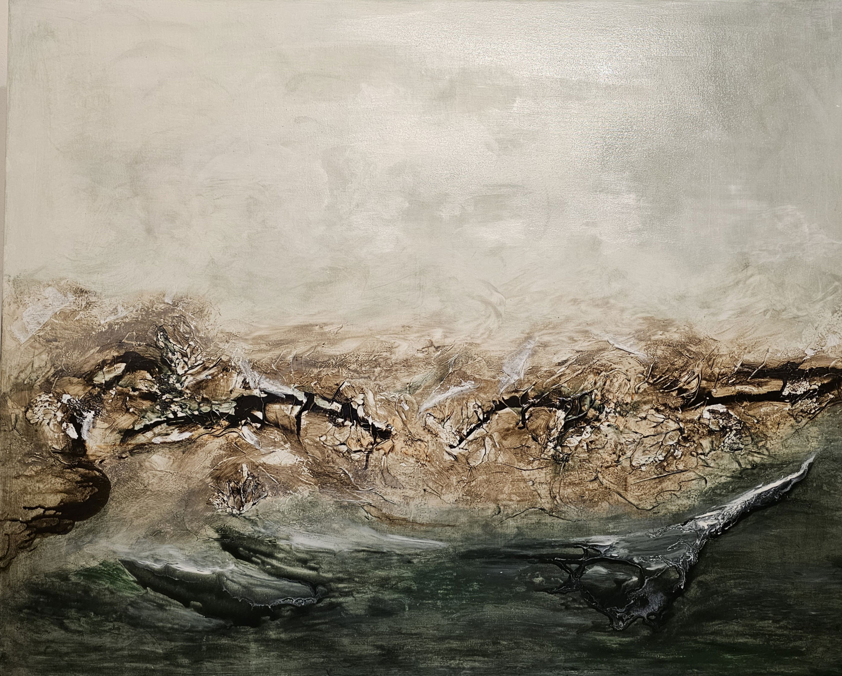 Abstract acrylic on canvas, showcasing earthly browns and tranquil textures reminiscent of a serene, ethereal landscape. Abstrakt style, Acryl auf Leinwand.