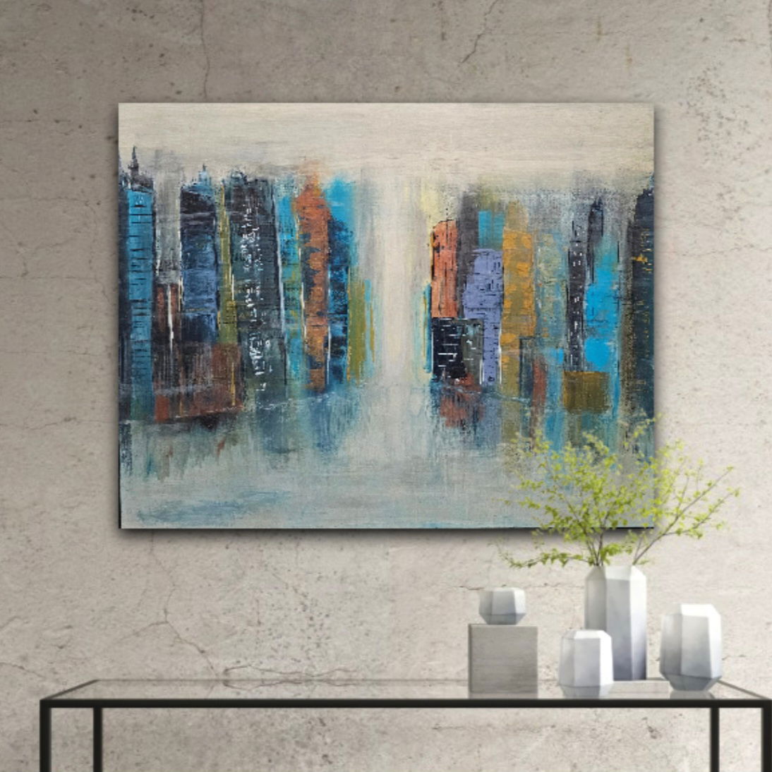 Abstract cityscape acrylic artwork, vibrant skyline hues, urban reflection, multidimensional textures on canvas for modern spaces. Abstrakt style, Acryl auf Leinwand.