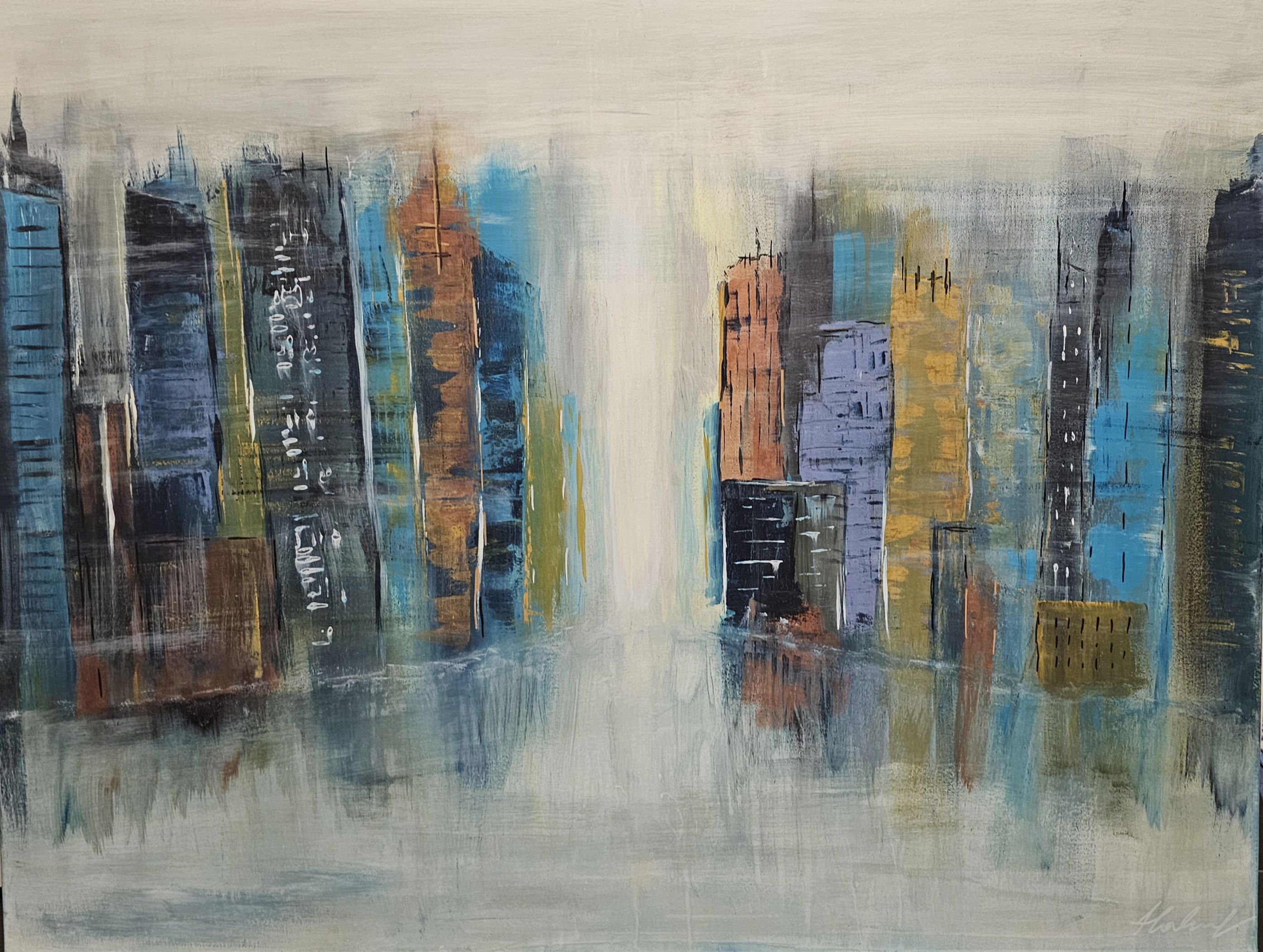 Abstract cityscape in acrylic, exploring urban reflections and vibrant textures with a serene interplay of colors and shadows. Abstrakt style, Acryl auf Leinwand.