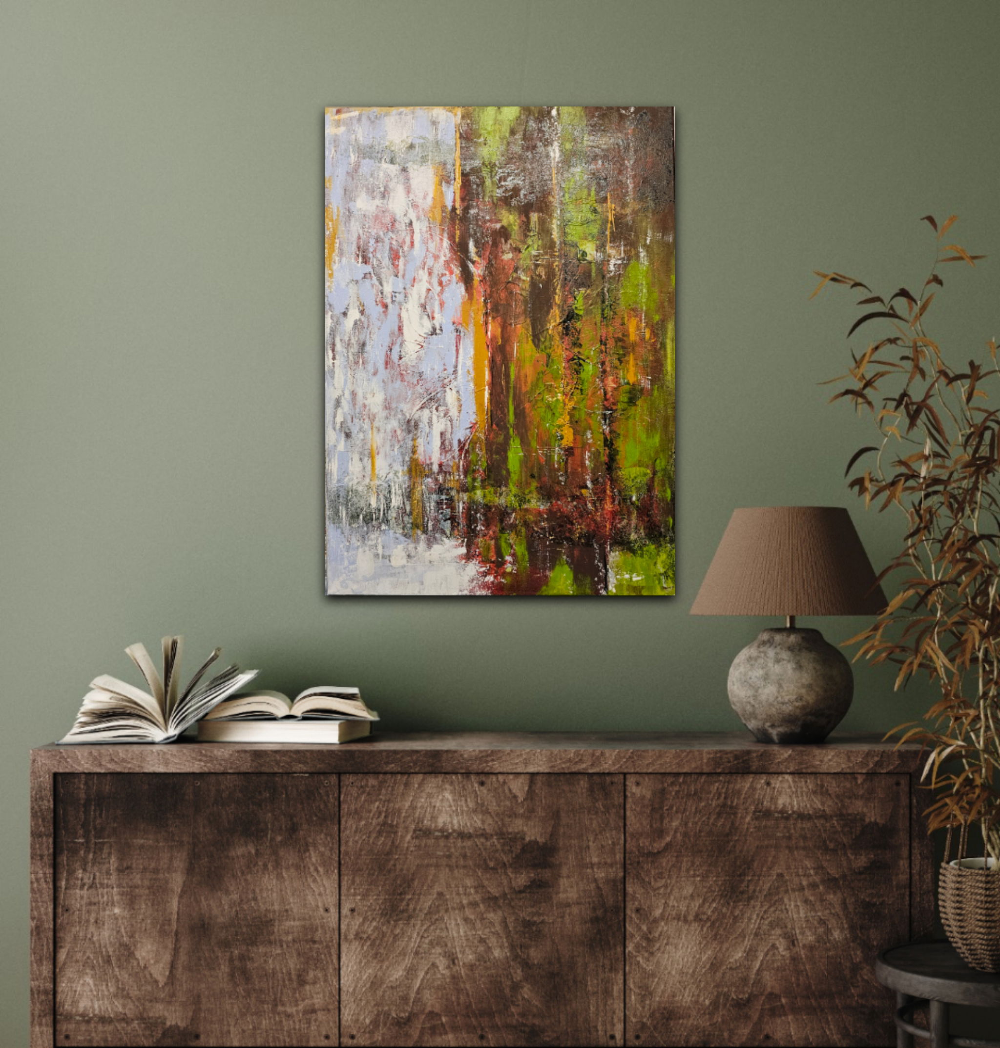 Abstract contemporary artwork with vivid azure, crimson, and ochre brushstrokes, embodying depth, motion, and harmonious chaos. Abstrakt, Contemporary Art style, Acryl auf Leinwand, Mixmedia.