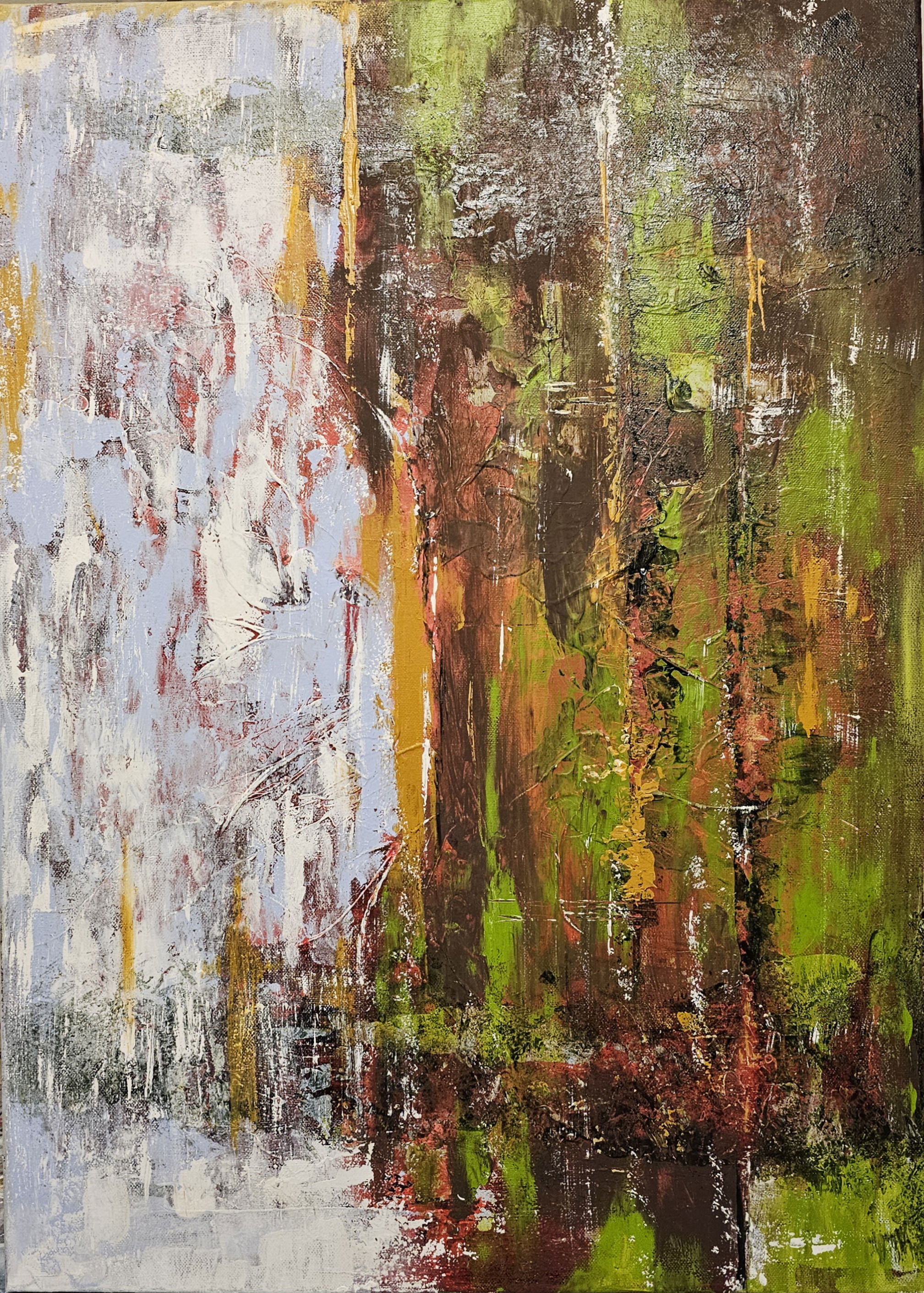 Abstrakt, vibrant acrylic canvas; azure, crimson, ochre hues create serene chaos with rich textures, depth, vitality; contemporary mixmedia masterpiece. Abstrakt, Contemporary Art style, Acryl auf Leinwand, Mixmedia.