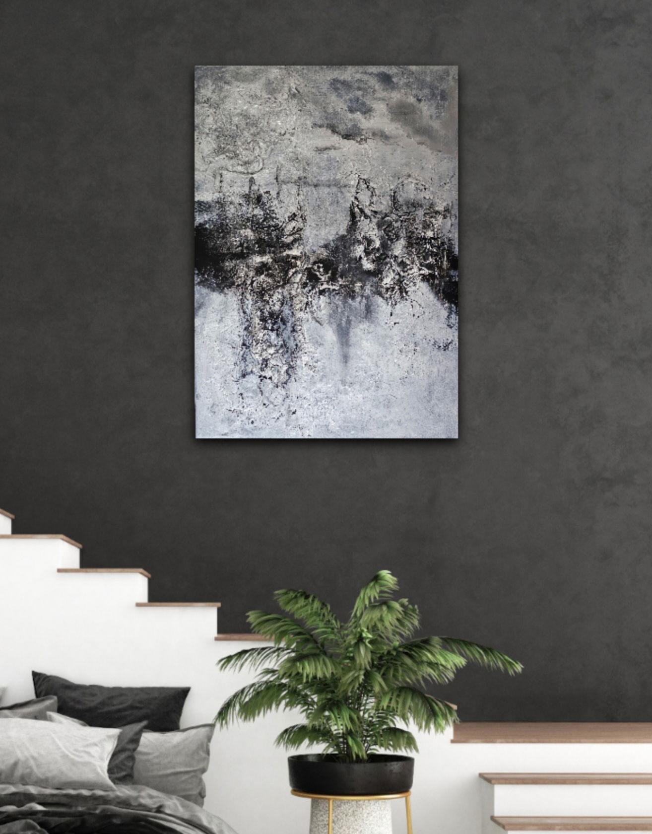 Abstract acrylic painting on canvas with monochrome textures, depicting flowing organic forms and intricate, ethereal layers. Abstrakt style, Acryl auf Leinwand, Strukturen.