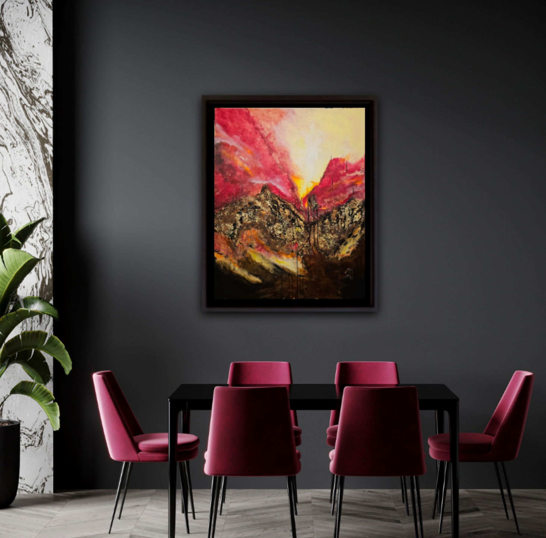 Abstract acrylic landscape painting, fiery red and yellow hues evoke dramatic mountain peaks at sunset, rich textures and energy. Abstrakt style, Acryl auf Leinwand, Mixmedia.