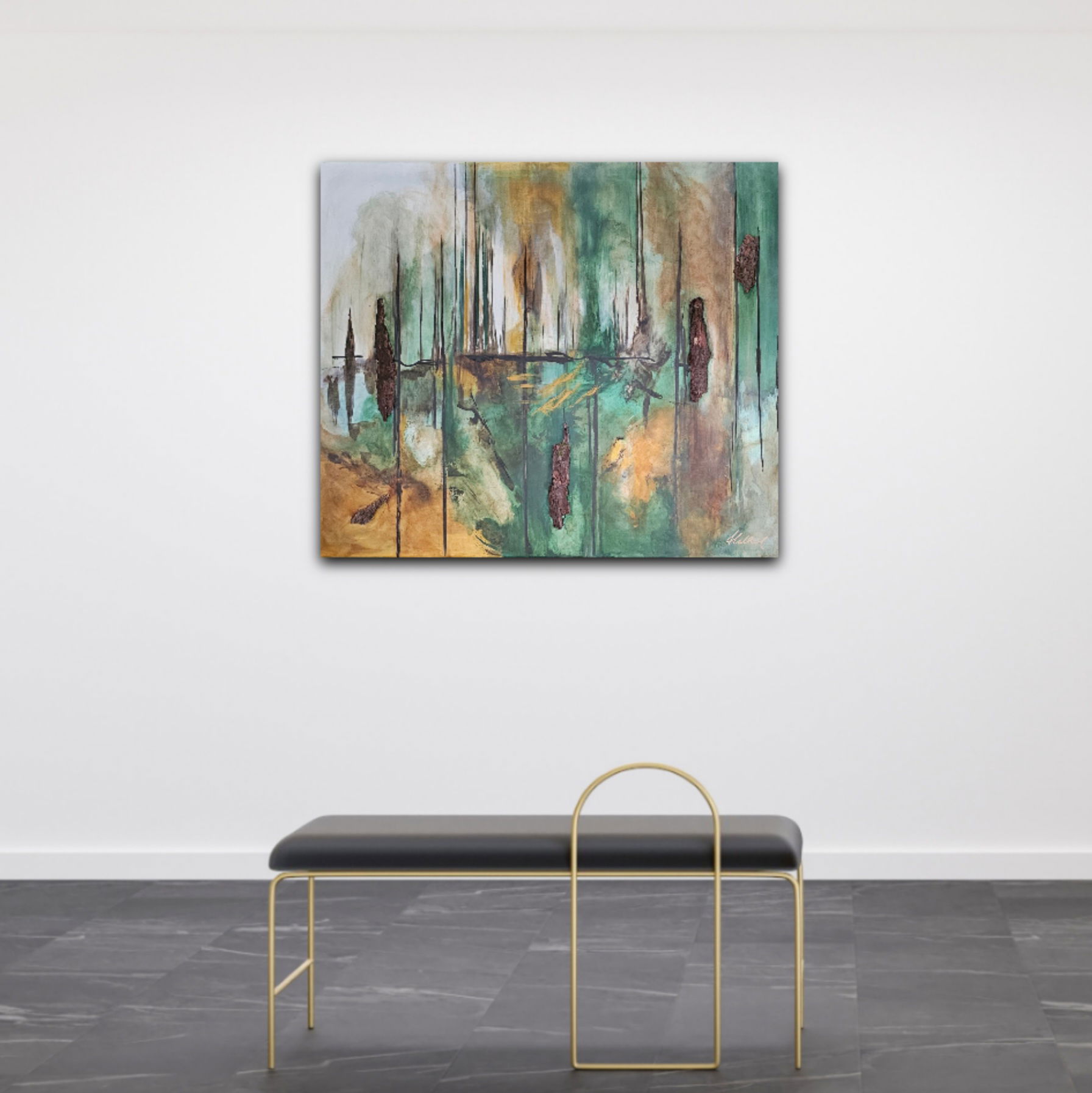 Abstract acrylic artwork, vertical lines in green and ochre, creating dynamic harmony and contrast with earthy, organic textures. Abstrakt style, Acryl auf Leinwand.