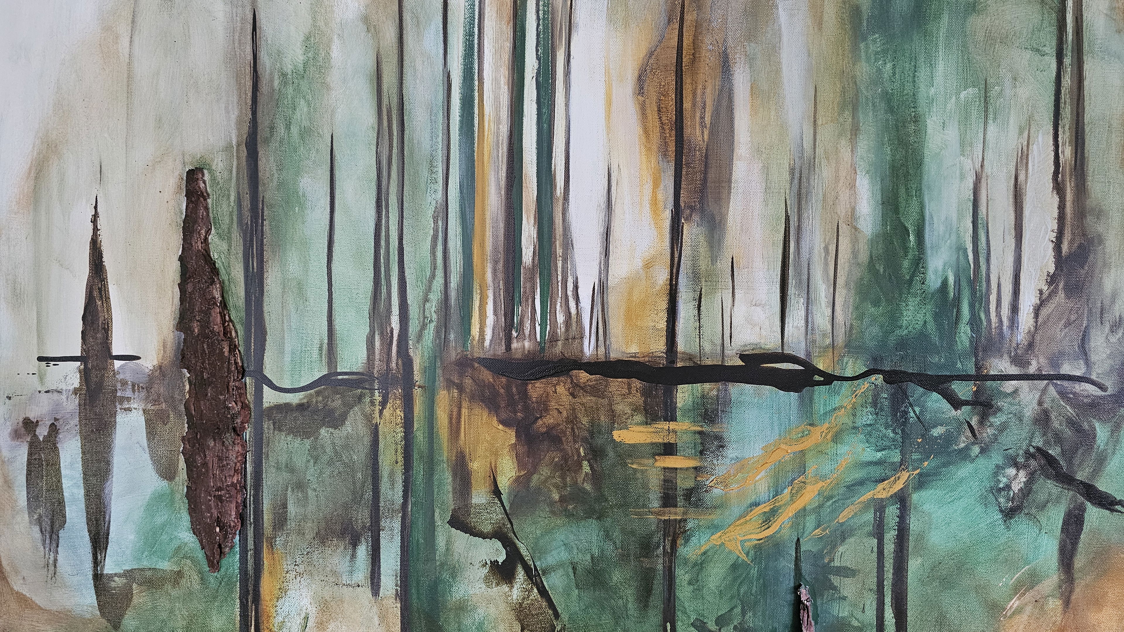 Ethereal acrylic on canvas painting with streaks of green, brown, and yellow, revealing depth, motion, and mysterious vertical lines. Abstrakt style, Acryl auf Leinwand.